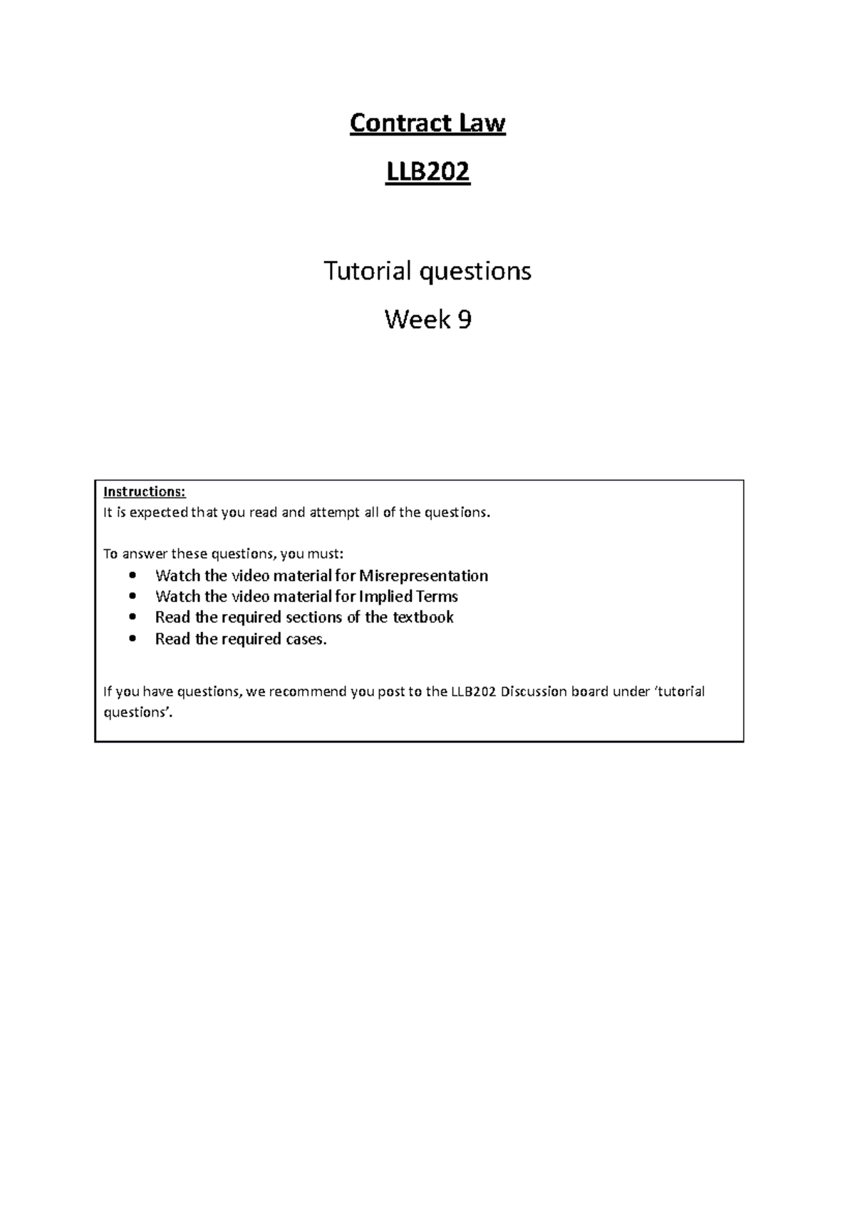 2022 LLB202 Week 9 Tutorial Questions - Contract Law LLB Tutorial ...