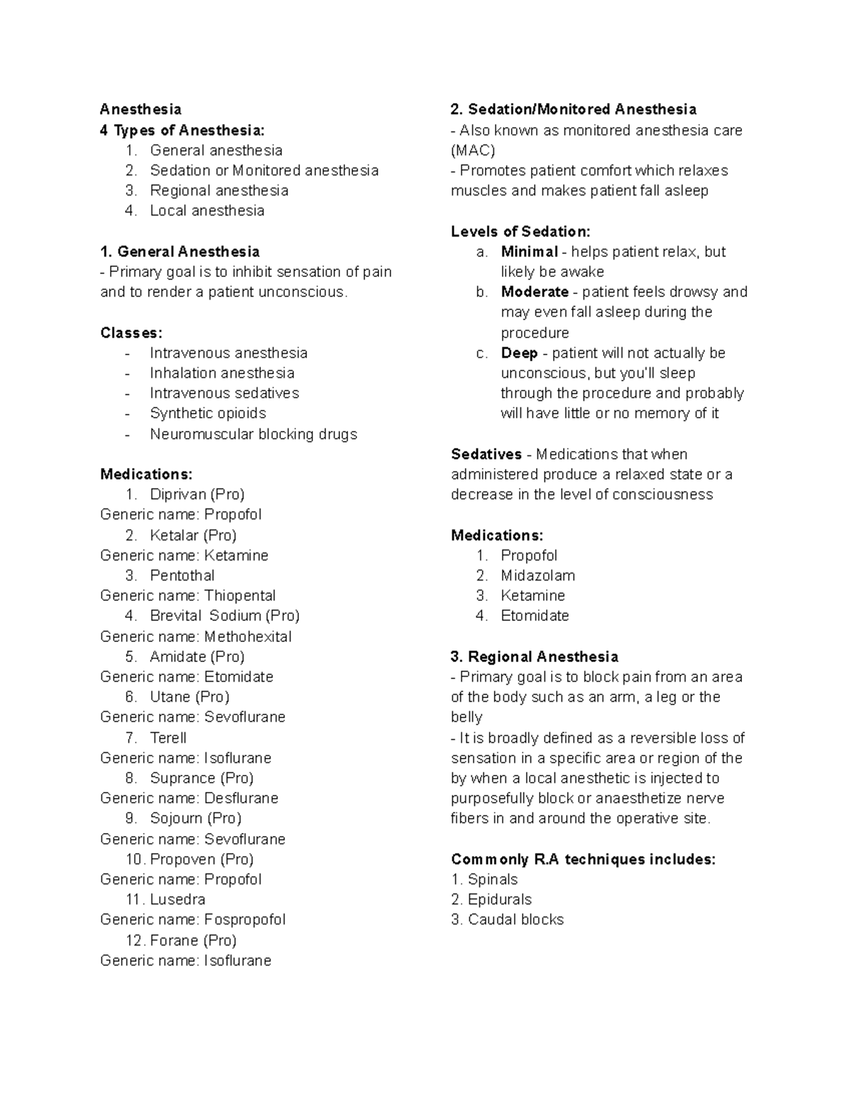 QUIZ TOM - Anesthesia 4 Types of Anesthesia: 1. General anesthesia 2 ...