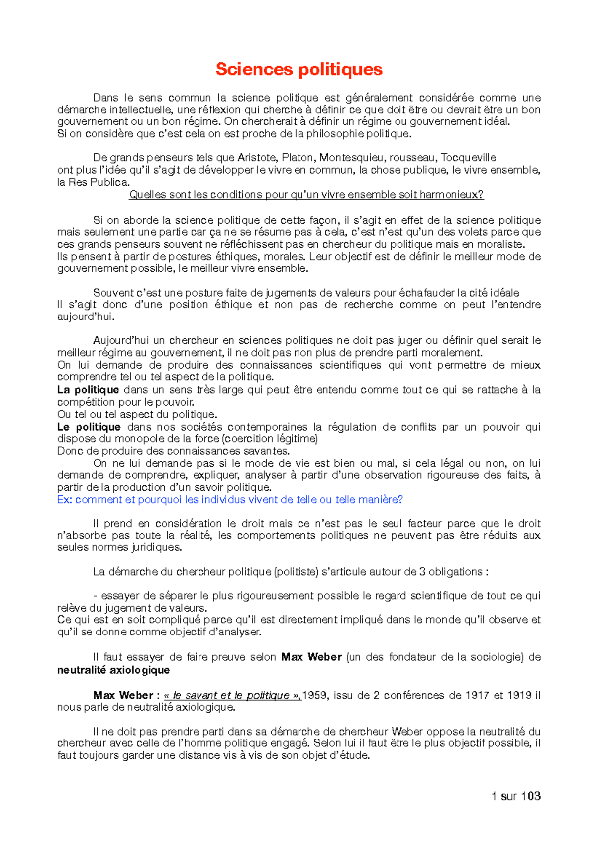 Semestre 1 cours - Sciences politiques Dans le sens commun la science ...