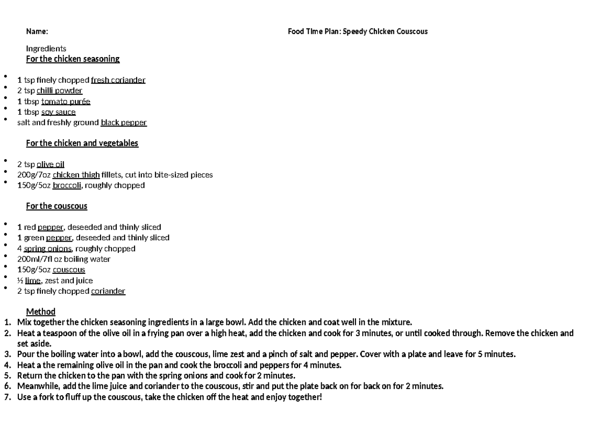 Speedy Chicken Couscous IPQ Timeplan - Name: Food Time Plan: Speedy ...