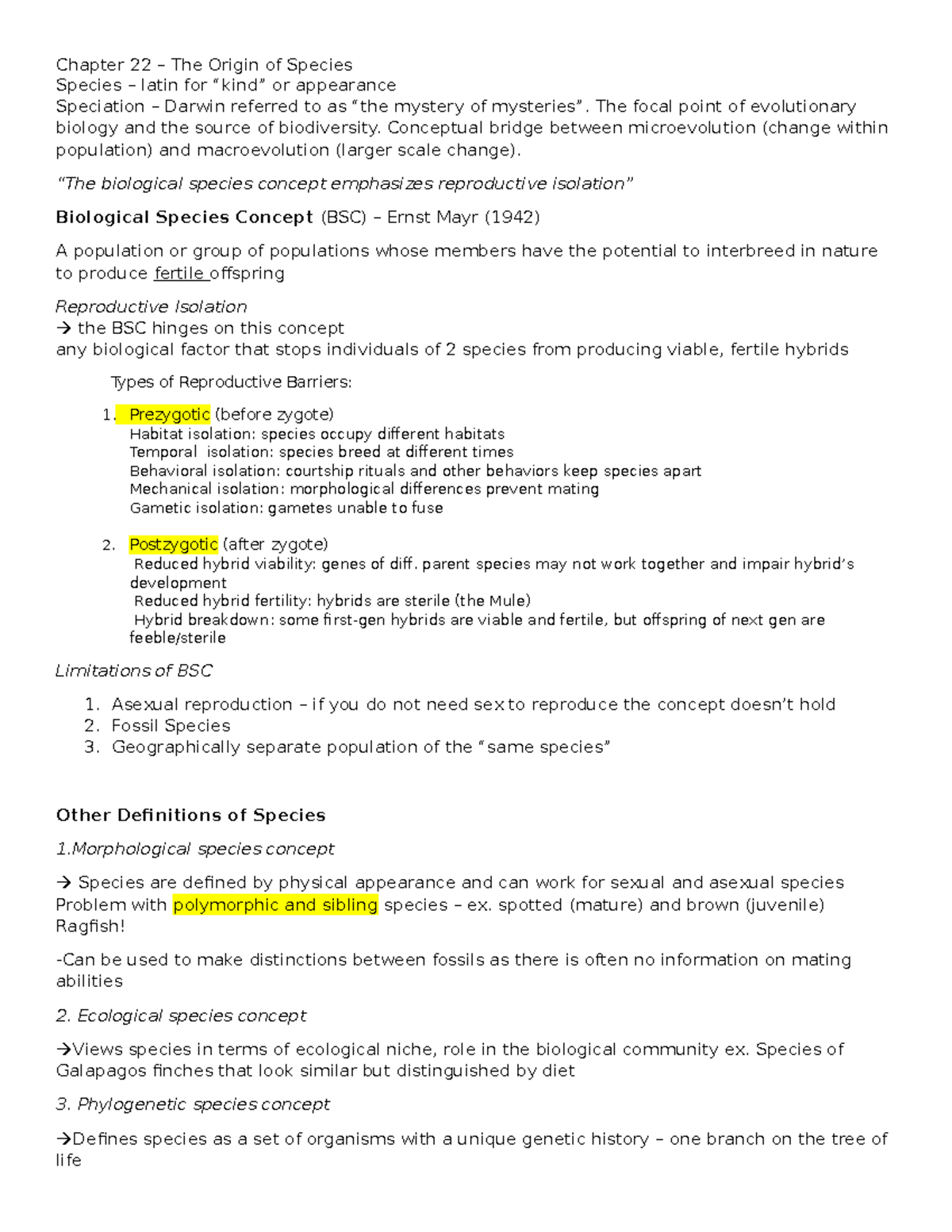 Biol-1116 Chapter 22 Notes - Chapter 22 – The Origin of Species Species ...