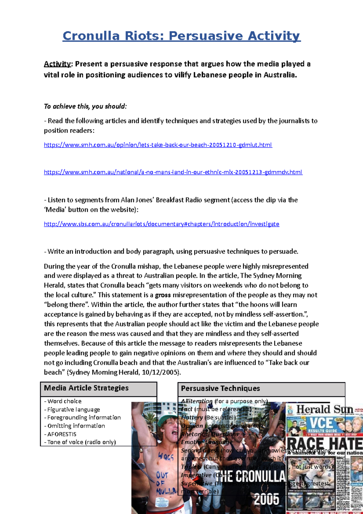 Cronulla Riots Activity - Cronulla Riots: Persuasive Activity Activity ...