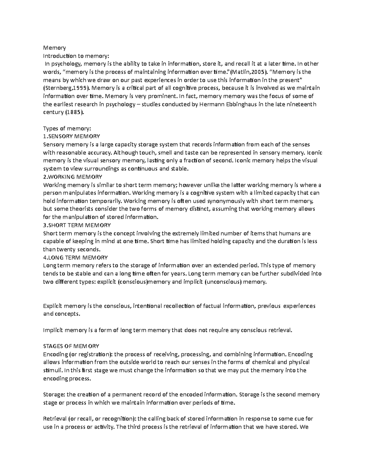 Memory types and stages - Memory Introduction to memory: In psychology ...
