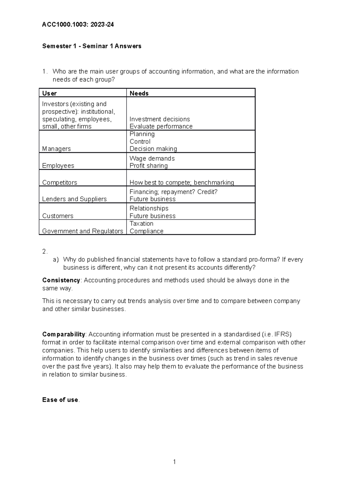 ACC1000.1003 Seminar 1 Answers 2023-24 - Semester 1 - Seminar 1 Answers ...