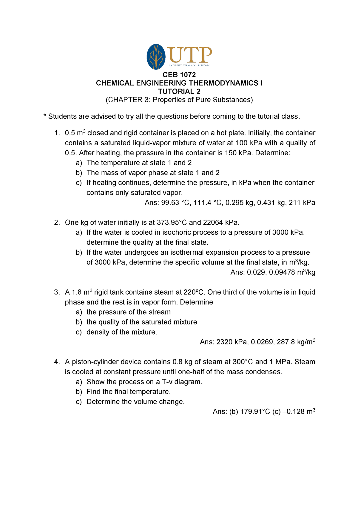 Tutorial 2 - Ch3 With Solutions - CEB 1072 CHEMICAL ENGINEERING ...