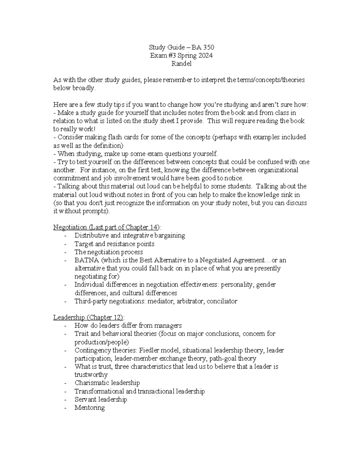 Exam 3 Study Guide - Study Guide – BA 350 Exam #3 Spring 2024 Randel As ...
