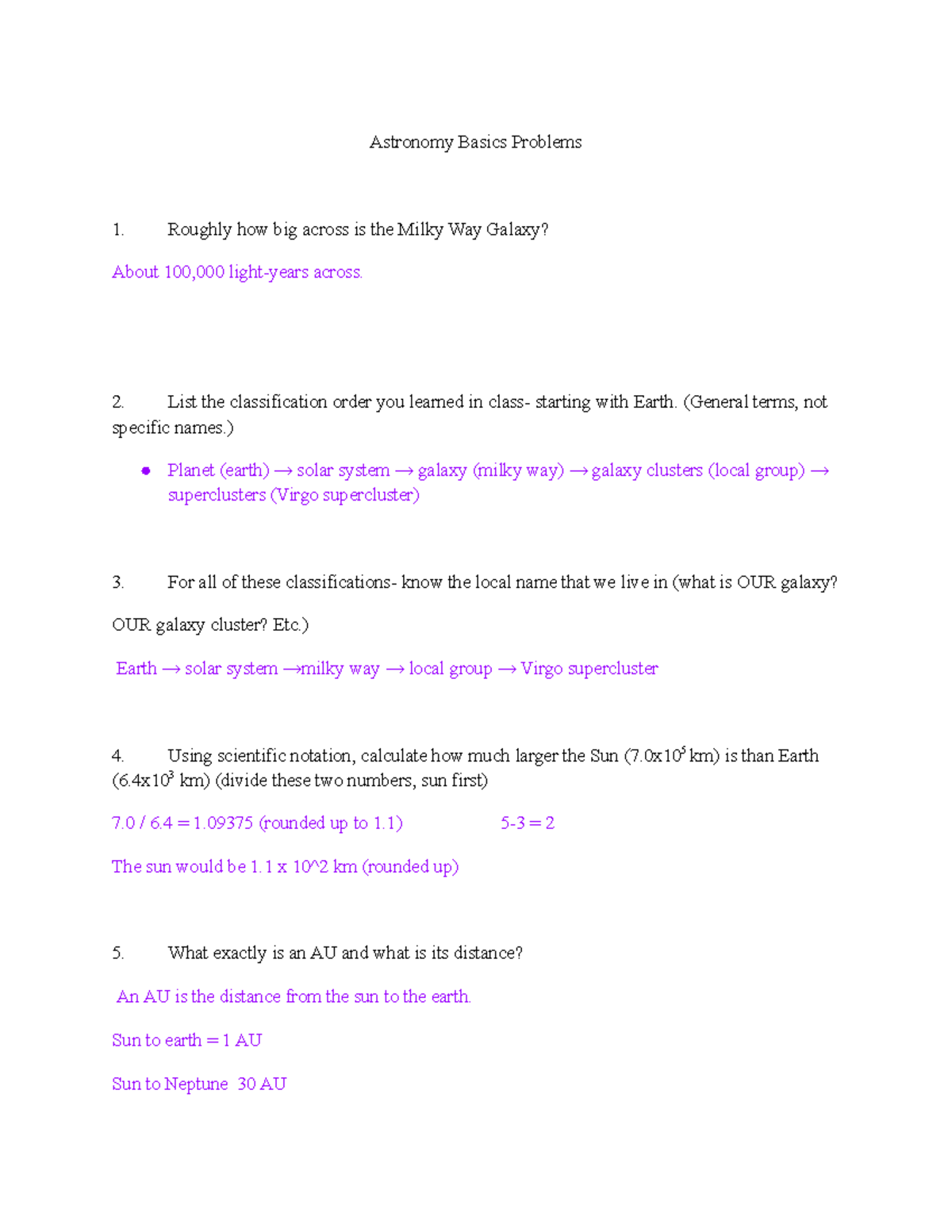 Astronomy Basics Problems - Astronomy Basics Problems Roughly how big ...