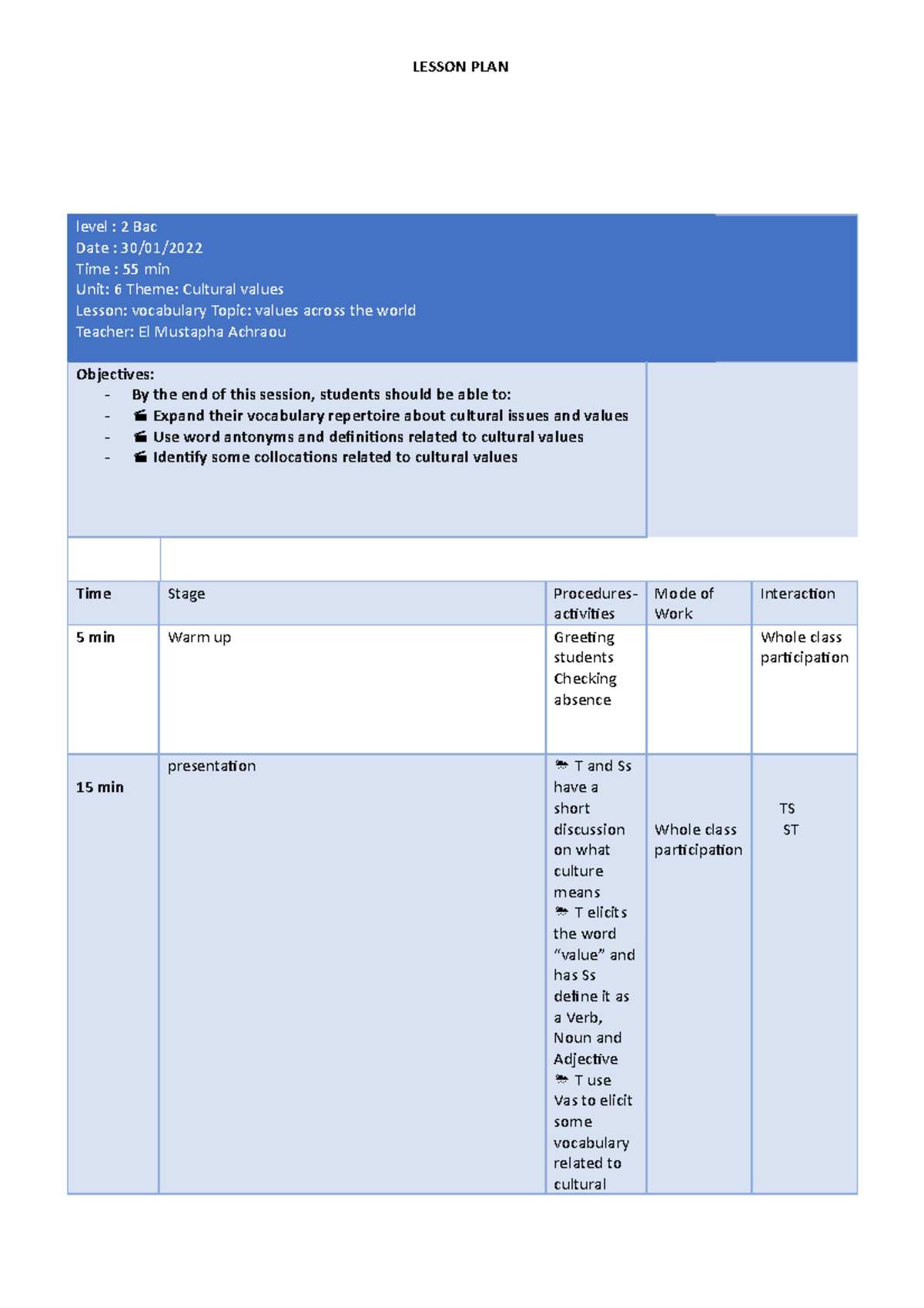 Global values vocab - LESSON PLAN level : 2 Bac Date : 30/01/ Time : 55 ...