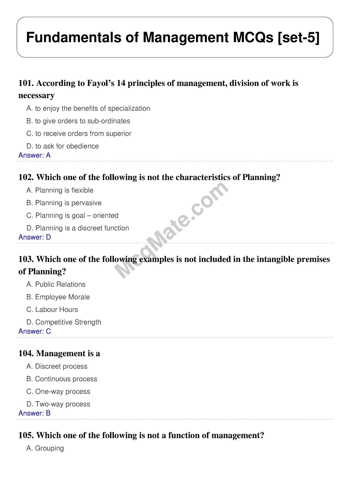 Fundamentals Of Management Solved MCQs [set-5] Mcq Mate.com - McqMate ...