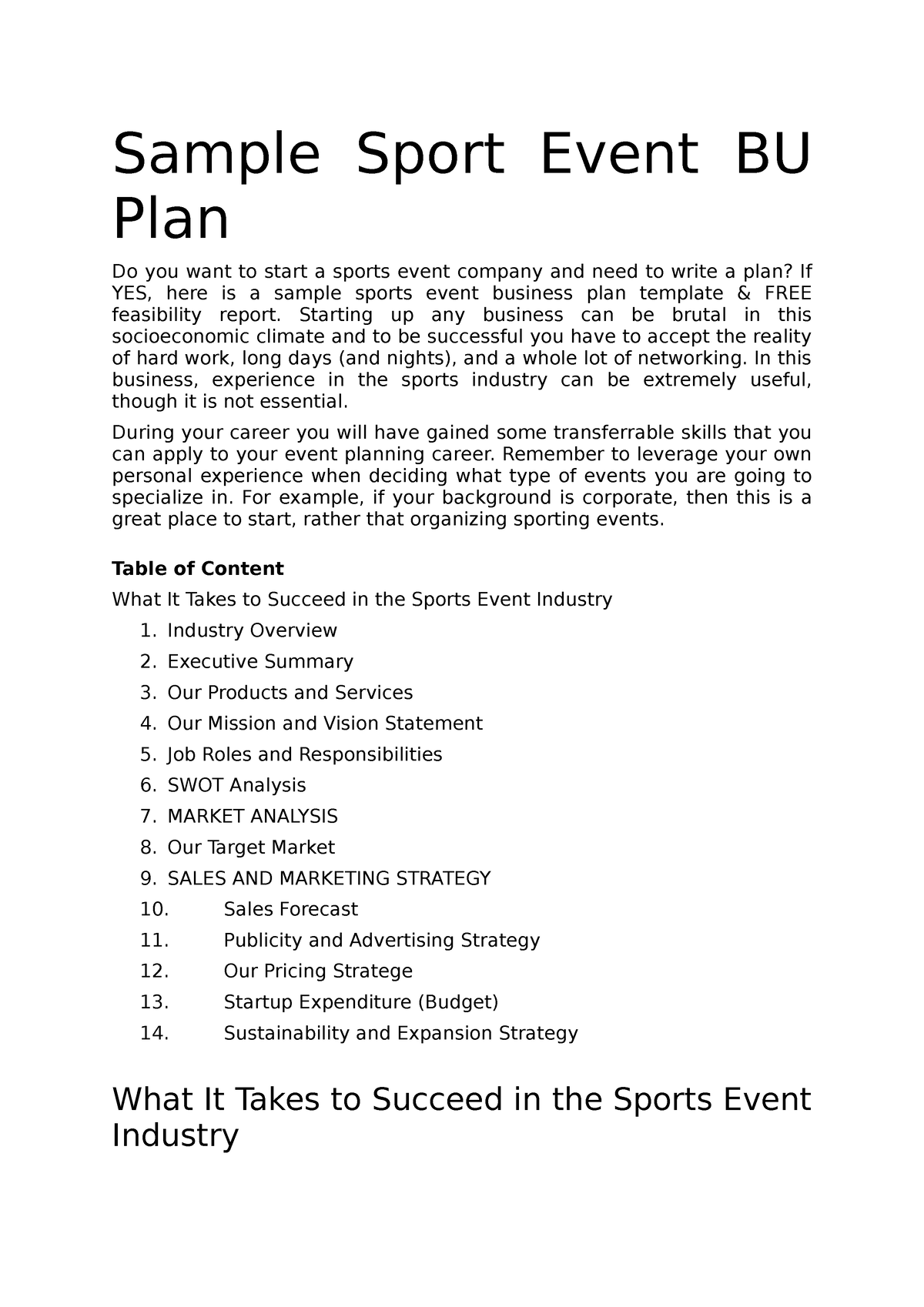 sports event business plan