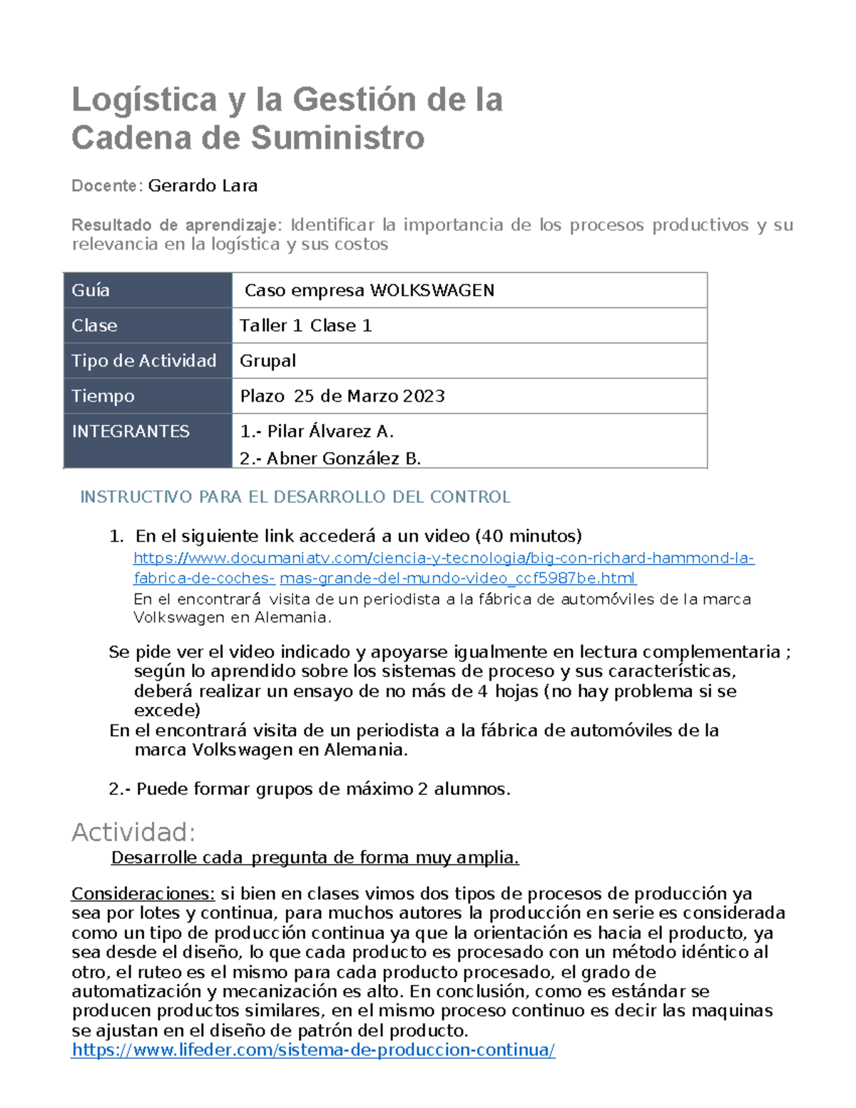 Taller 1 - Logística y la Gestión de la Cadena de Suministro Docente ...