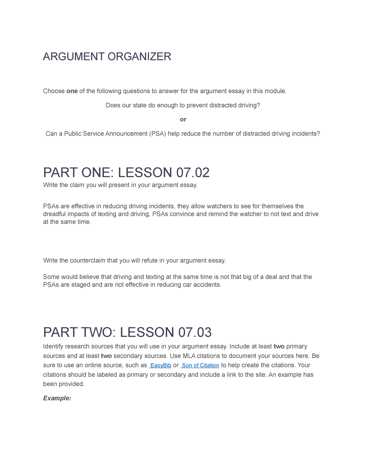 Part One Lesson 07.02 Completed - Argument Organizer Choose One Of The  Following Questions To Answer - Studocu
