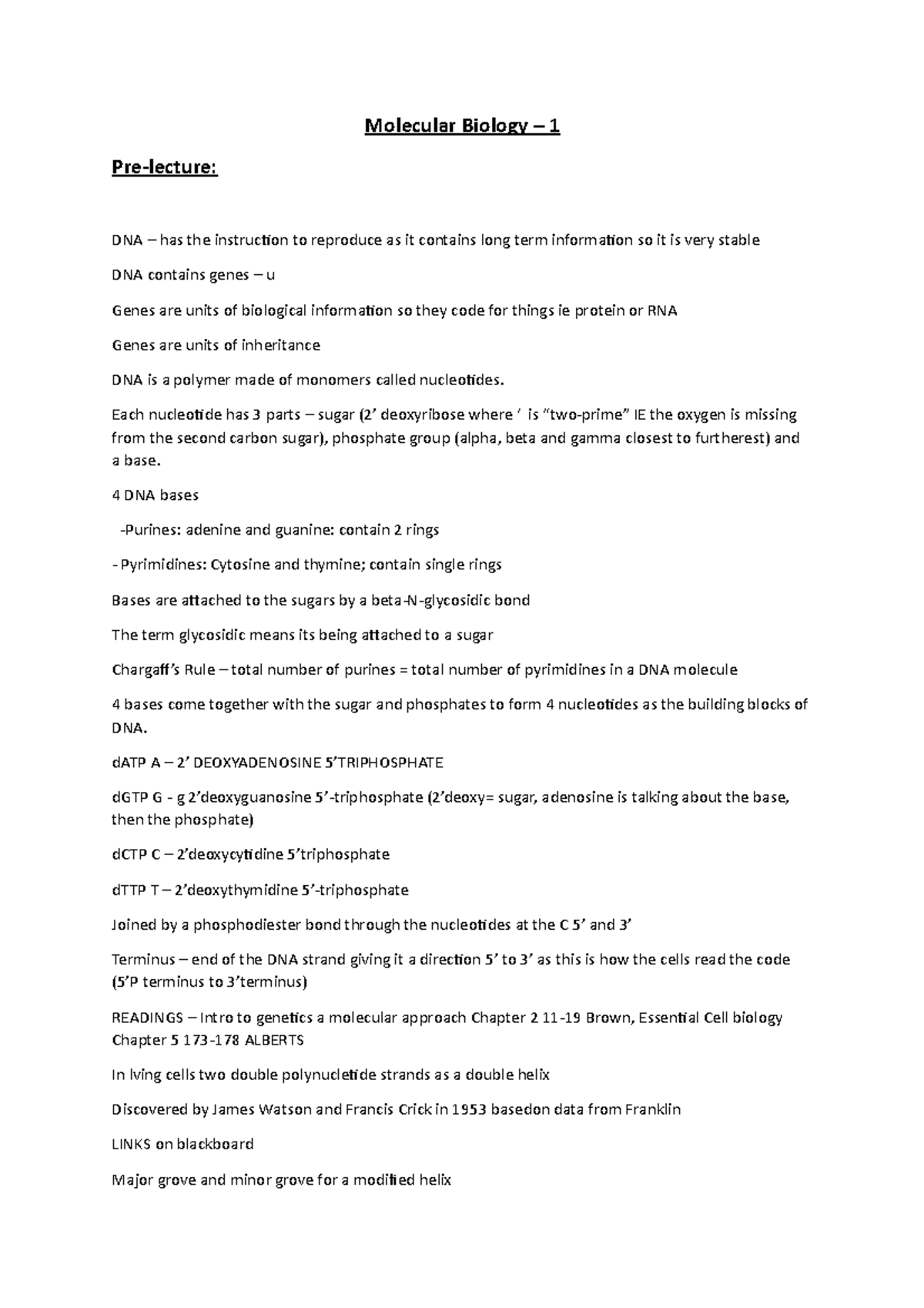 Molecular Biology lecture 1 notes for updating - Molecular Biology – 1 ...