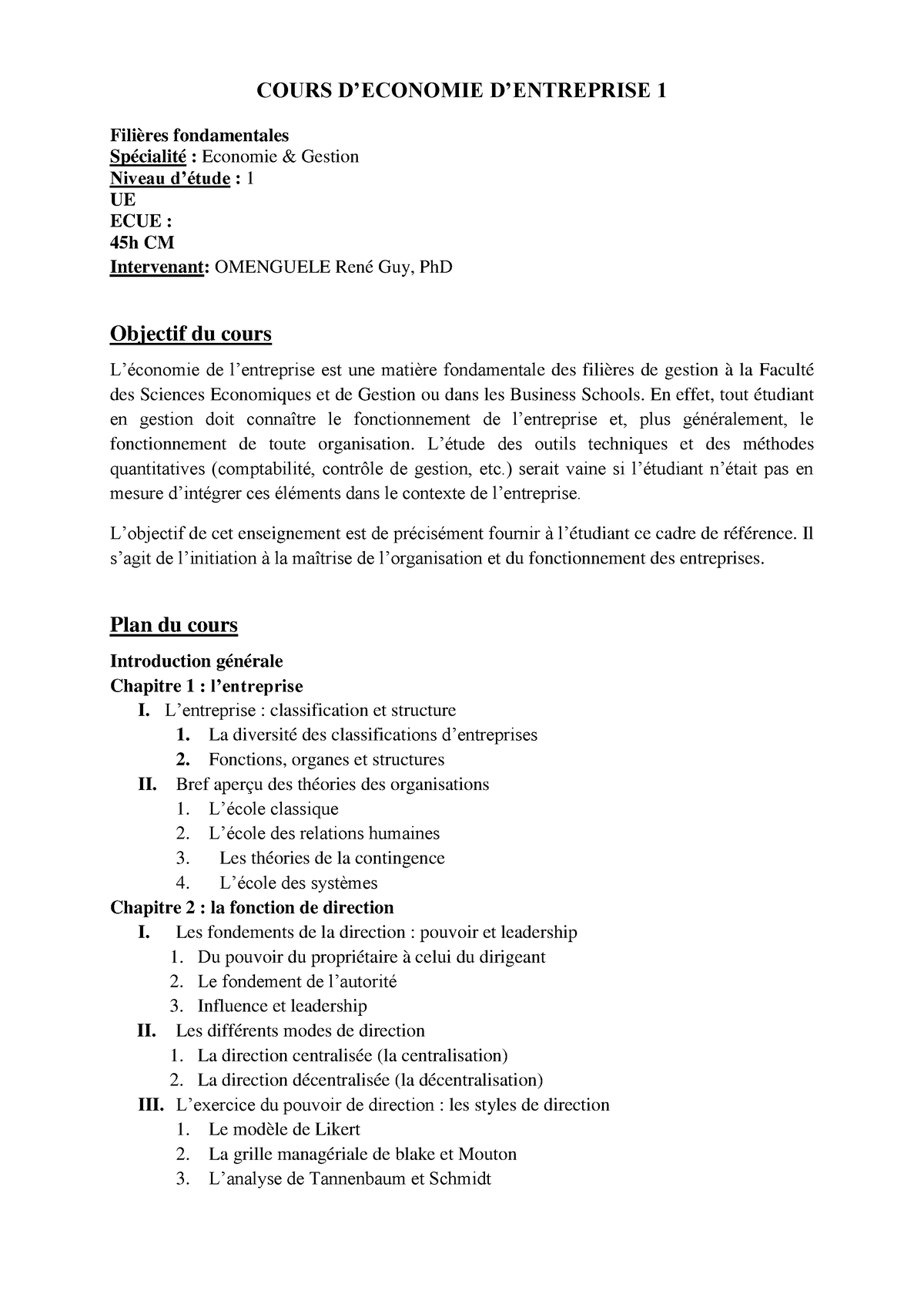 Economie D Entreprise Lic1 - COURS D’ECONOMIE D’ENTREPRISE 1 Filières ...