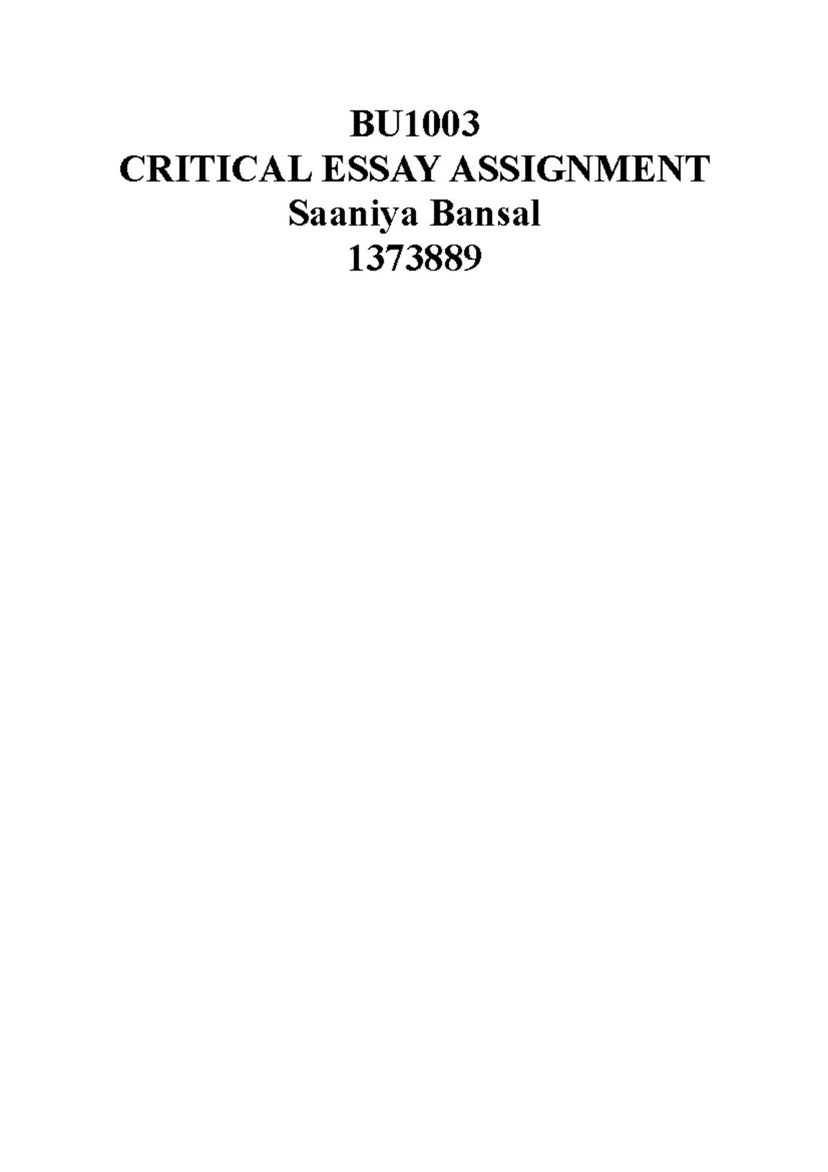 BU1003 Report - Grade: HD - BU CRITICAL ESSAY ASSIGNMENT Saaniya Bansal ...