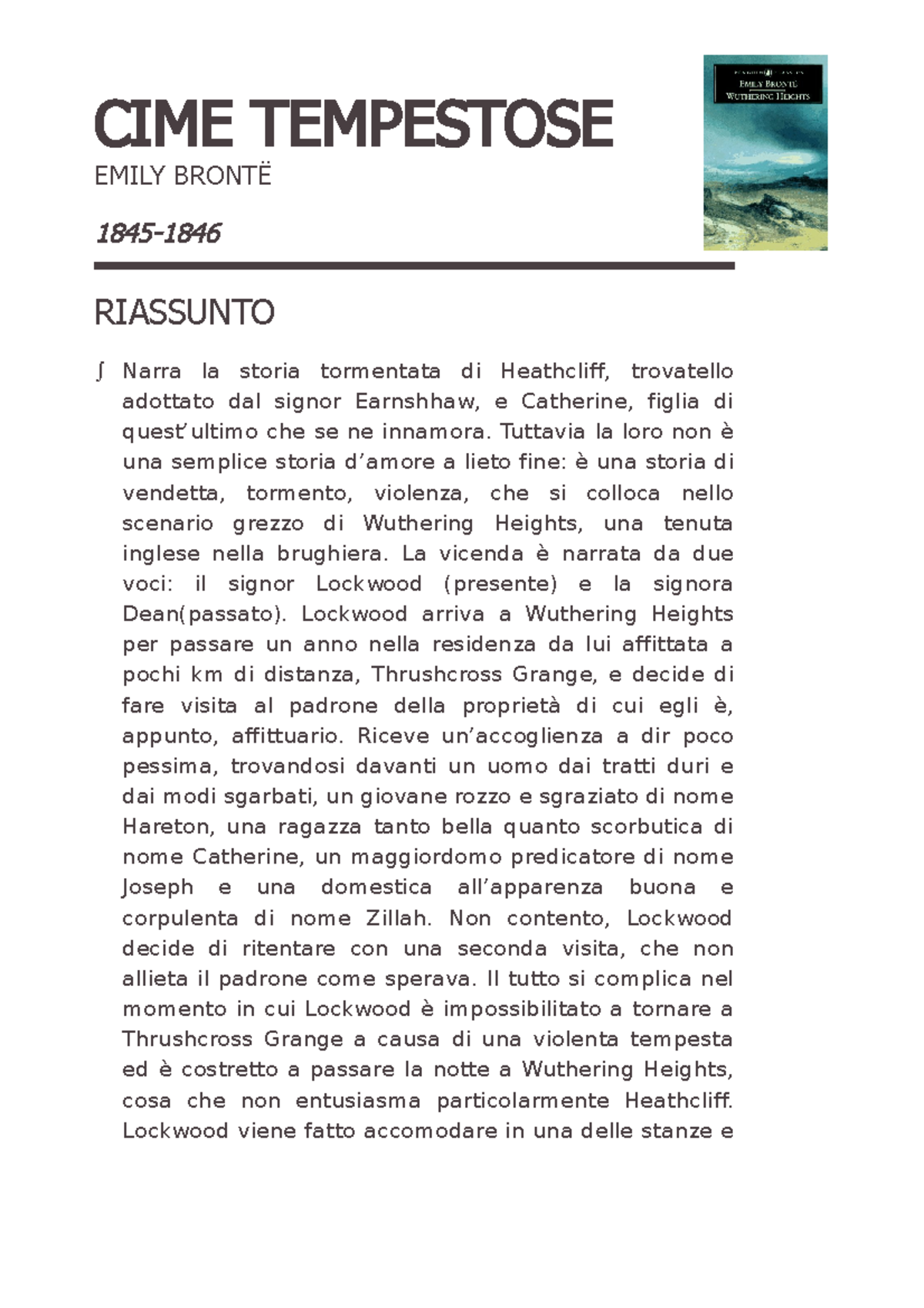 CIME Tempestose riassunto CIME TEMPESTOSE EMILY