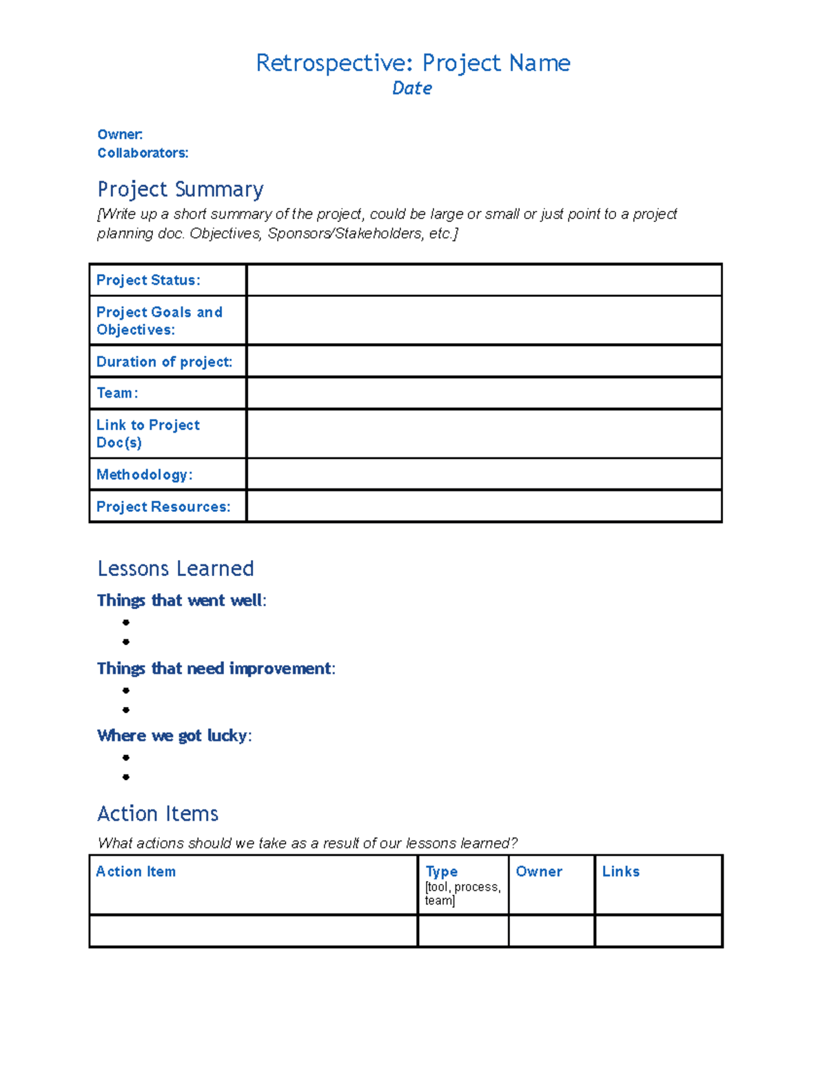 Google Retrospective Meeting Template - Retrospective: Project Name ...