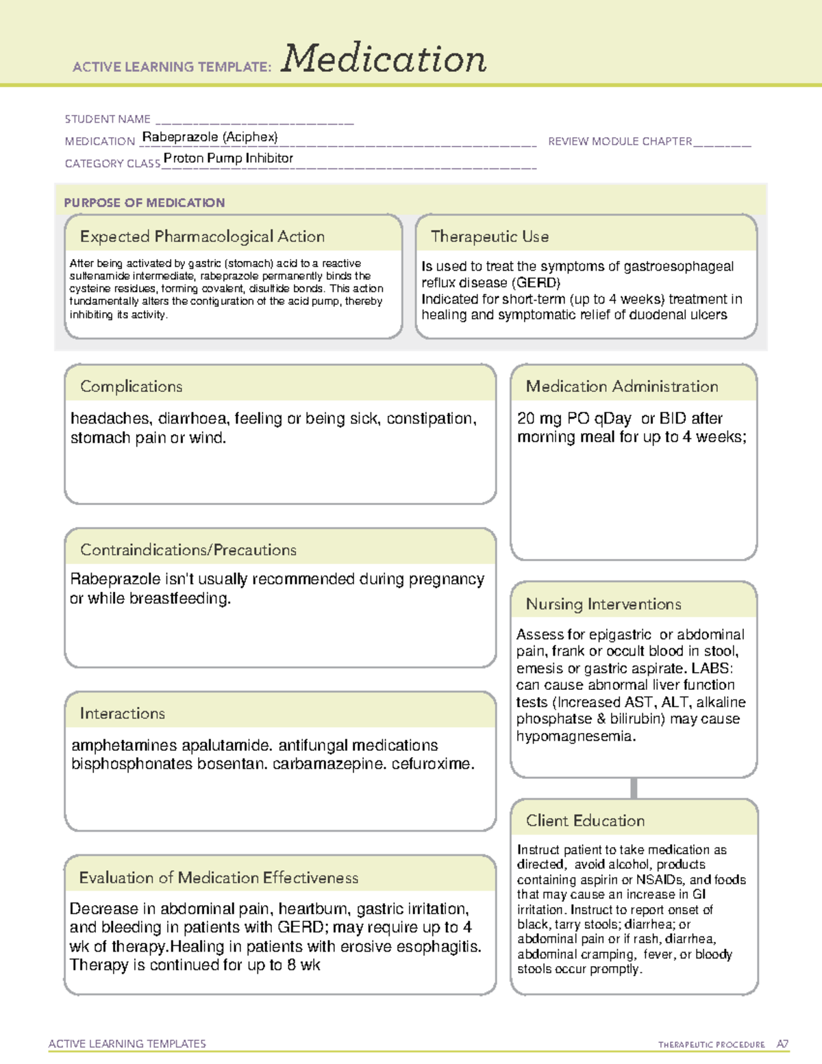 ATI Rabeprazole (Aciphex) Medication Sheet - ACTIVE LEARNING TEMPLATES ...