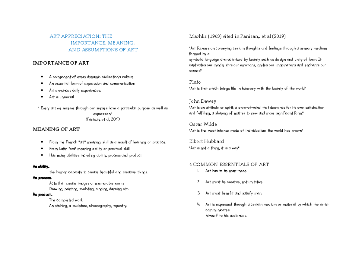 ART APPRECIATION CHAP 1-3 - ART APPRECIATION: THE IMPORTANCE, MEANING ...