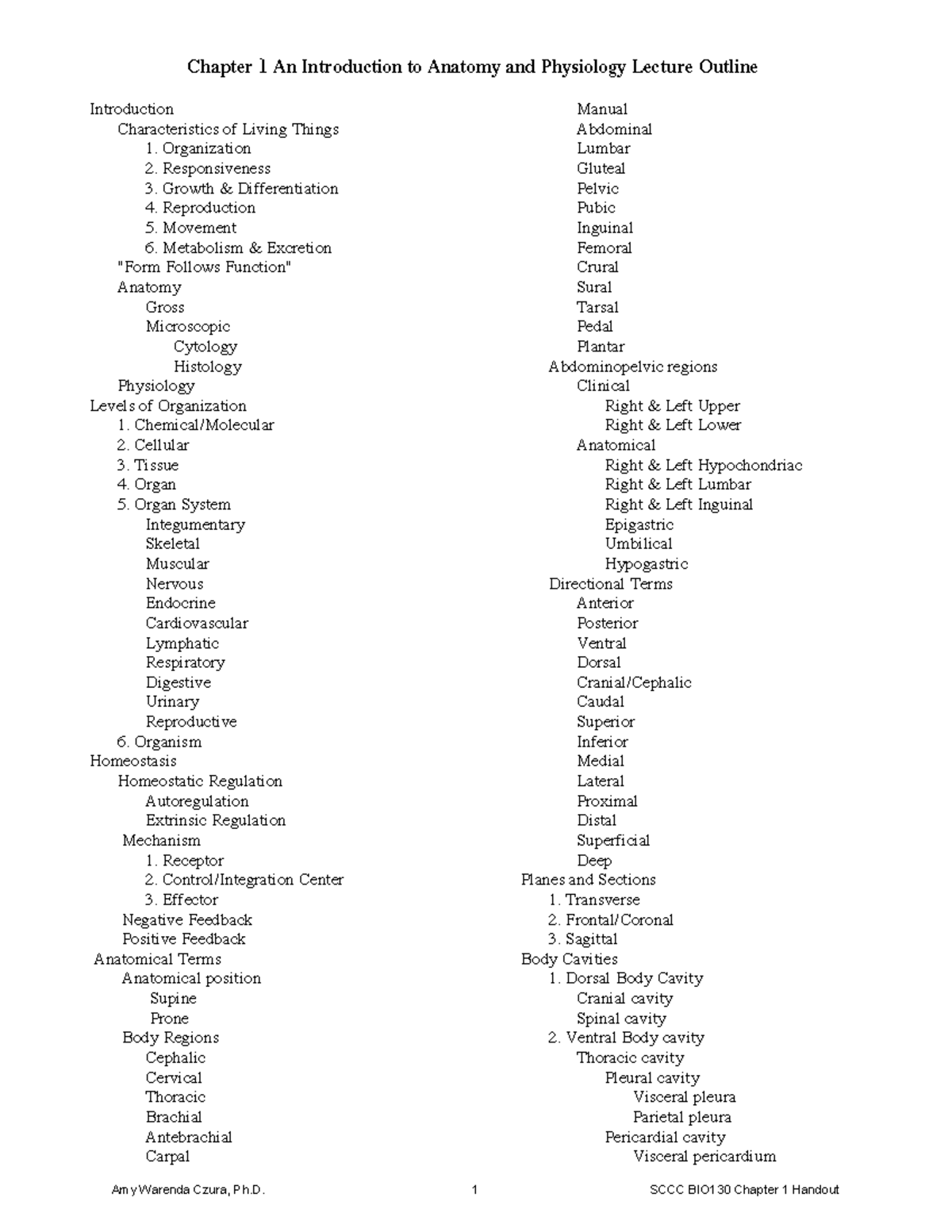 BIO130Chapter 1Handout - Chapter 1 An Introduction to Anatomy and ...