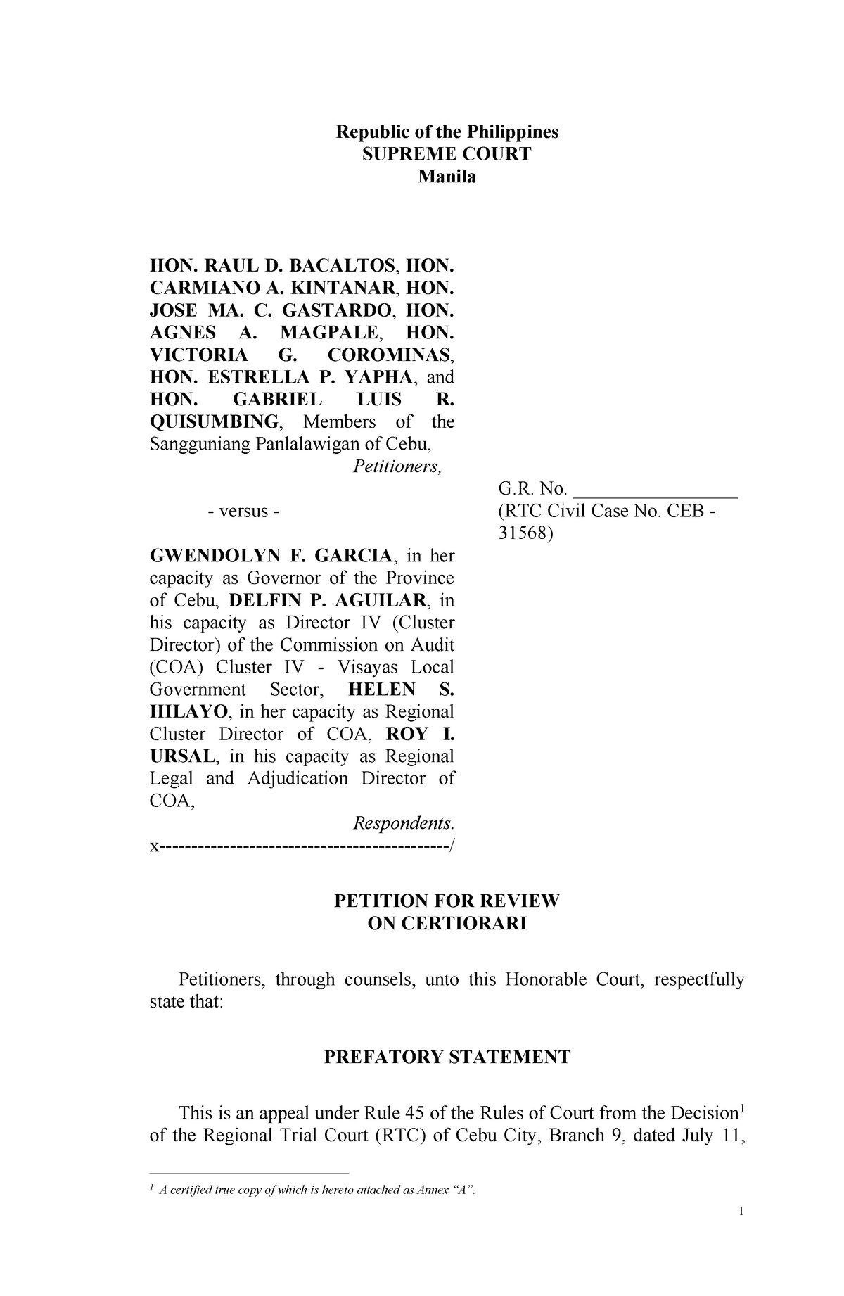Sample Petition for Review on Certiorari Republic of the Philippines