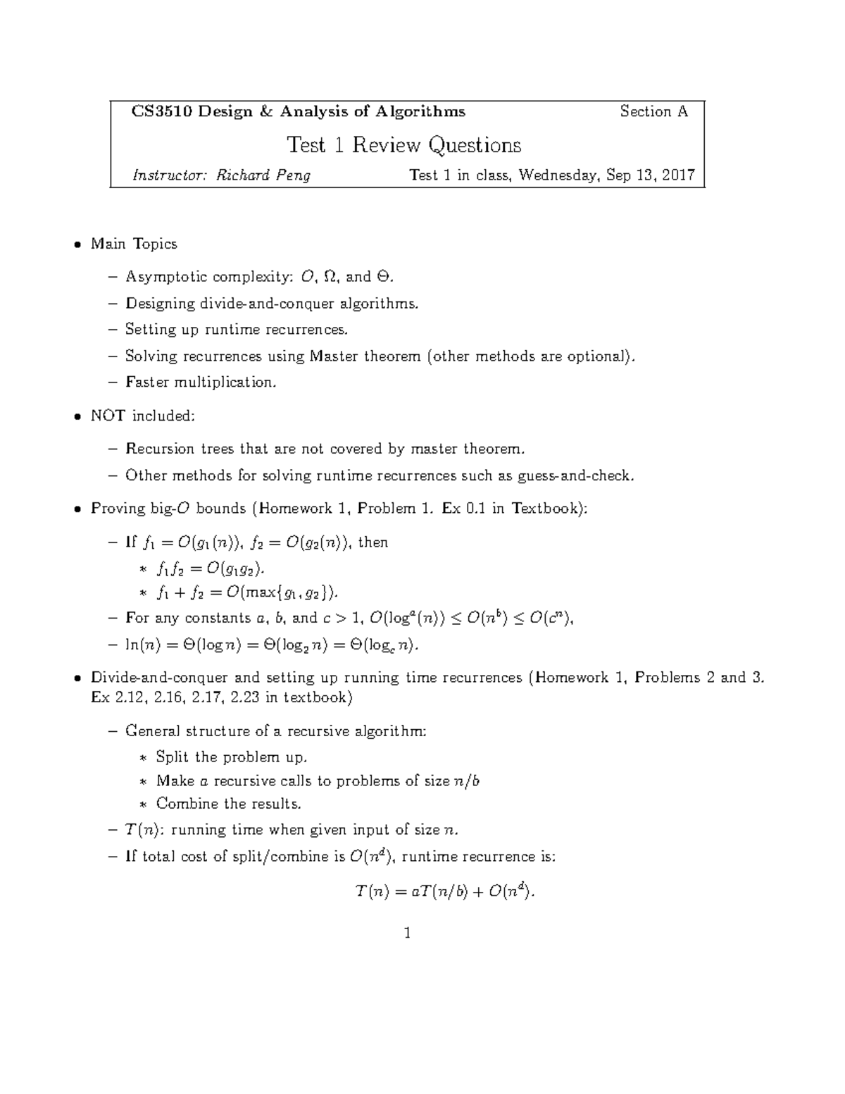 Test 1 Review FA17 - Practice Tests - CS3510 Design & Analysis Of ...