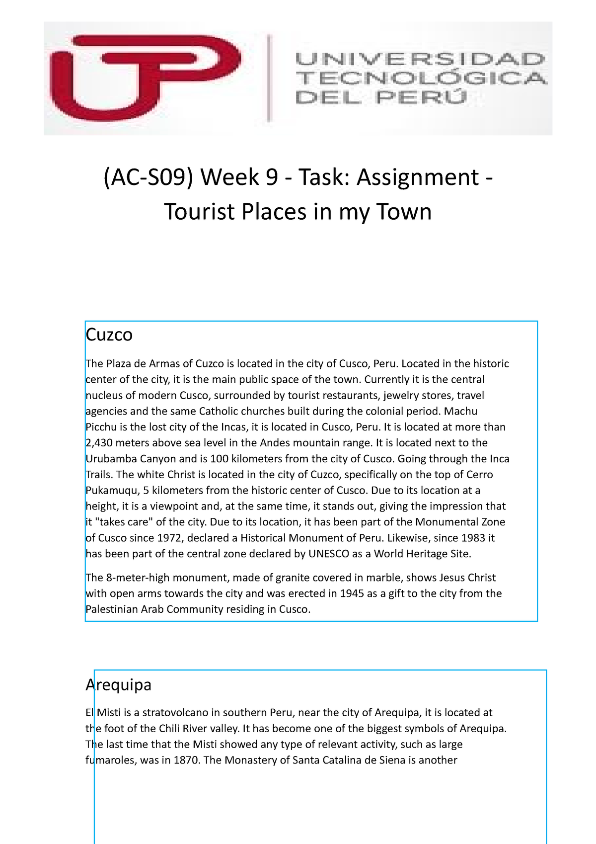 week 9 task assignment tourist places in my town