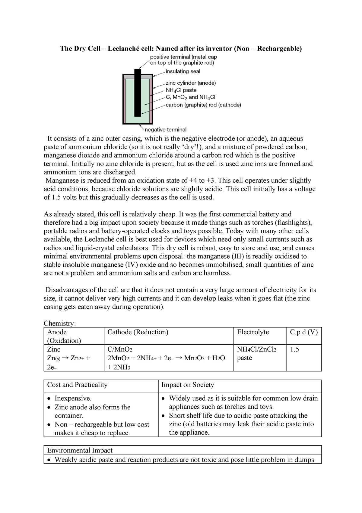 Redox Cells - Detailed Notes - The Dry Cell – Leclanché cell: Named ...