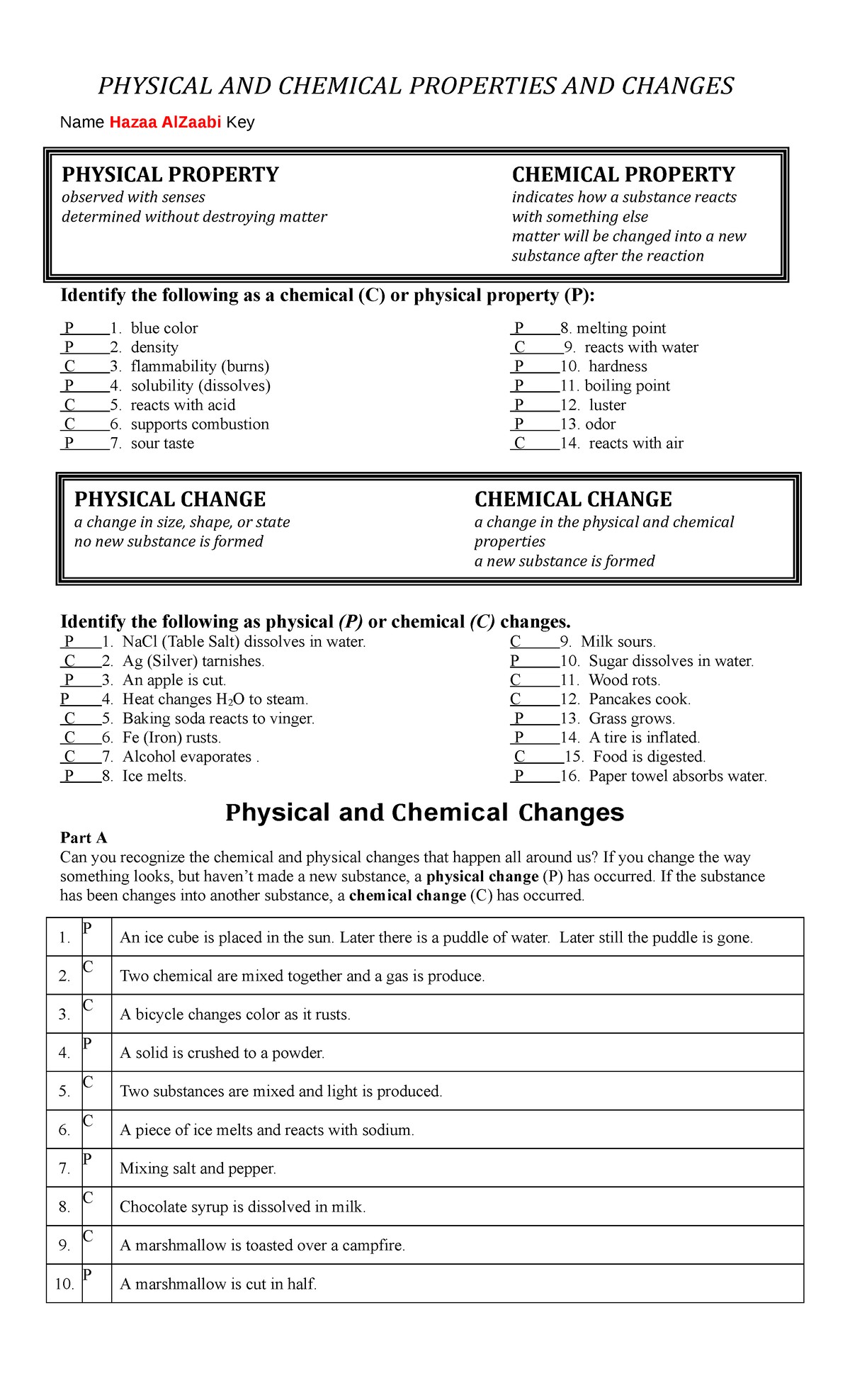 Phys and Chem Properties and Changes Worksheet- Hazaa Alzaabi ...