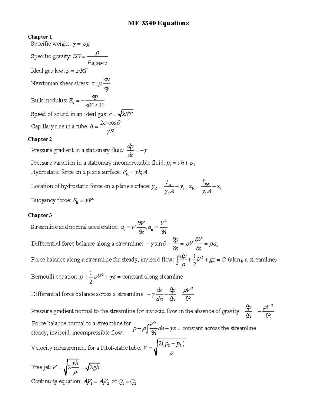 Standard Equation Sheet - Me 3340 Equations Chapter 1 Specific Weight 