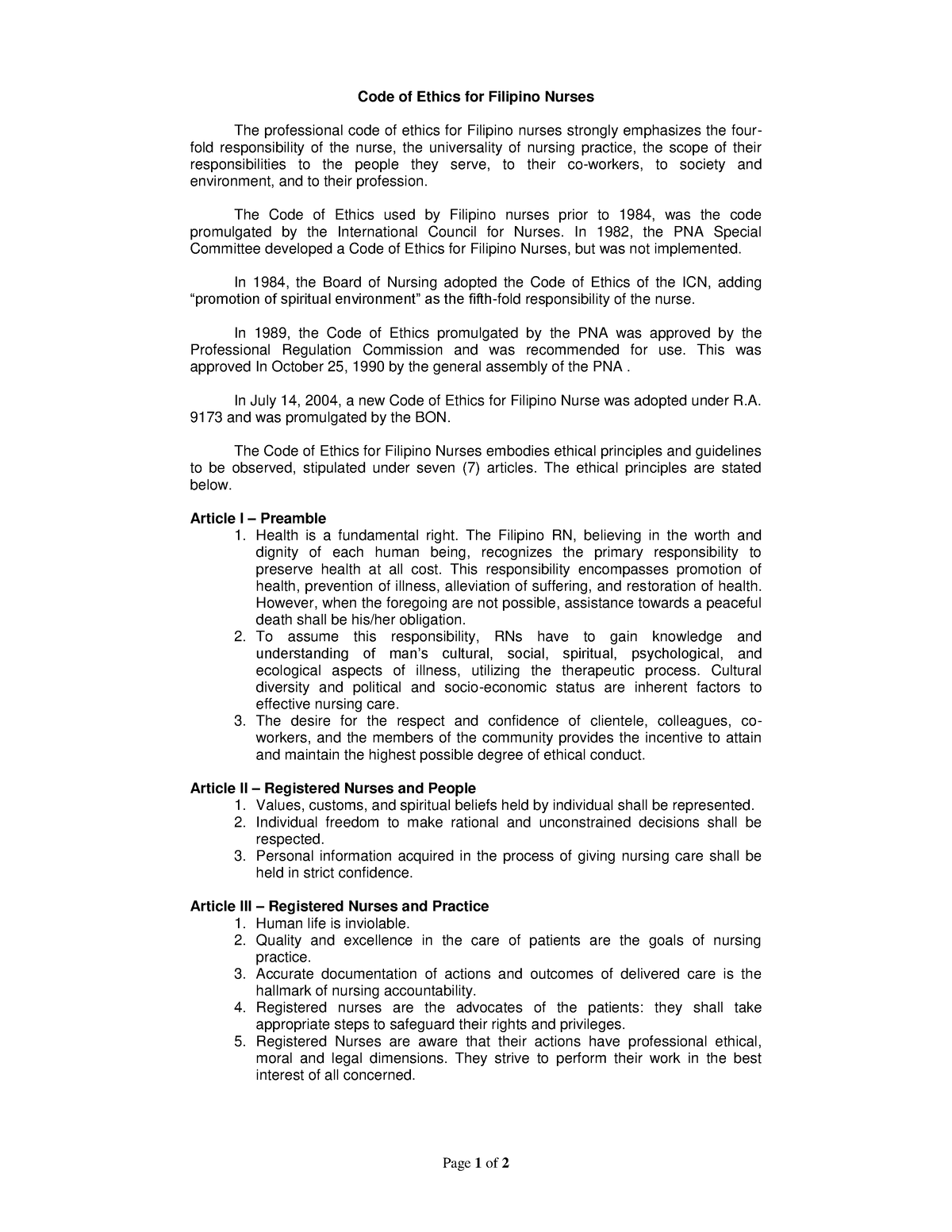 CODE OF Ethics Page 1 Of 2 Code Of Ethics For Filipino Nurses The 