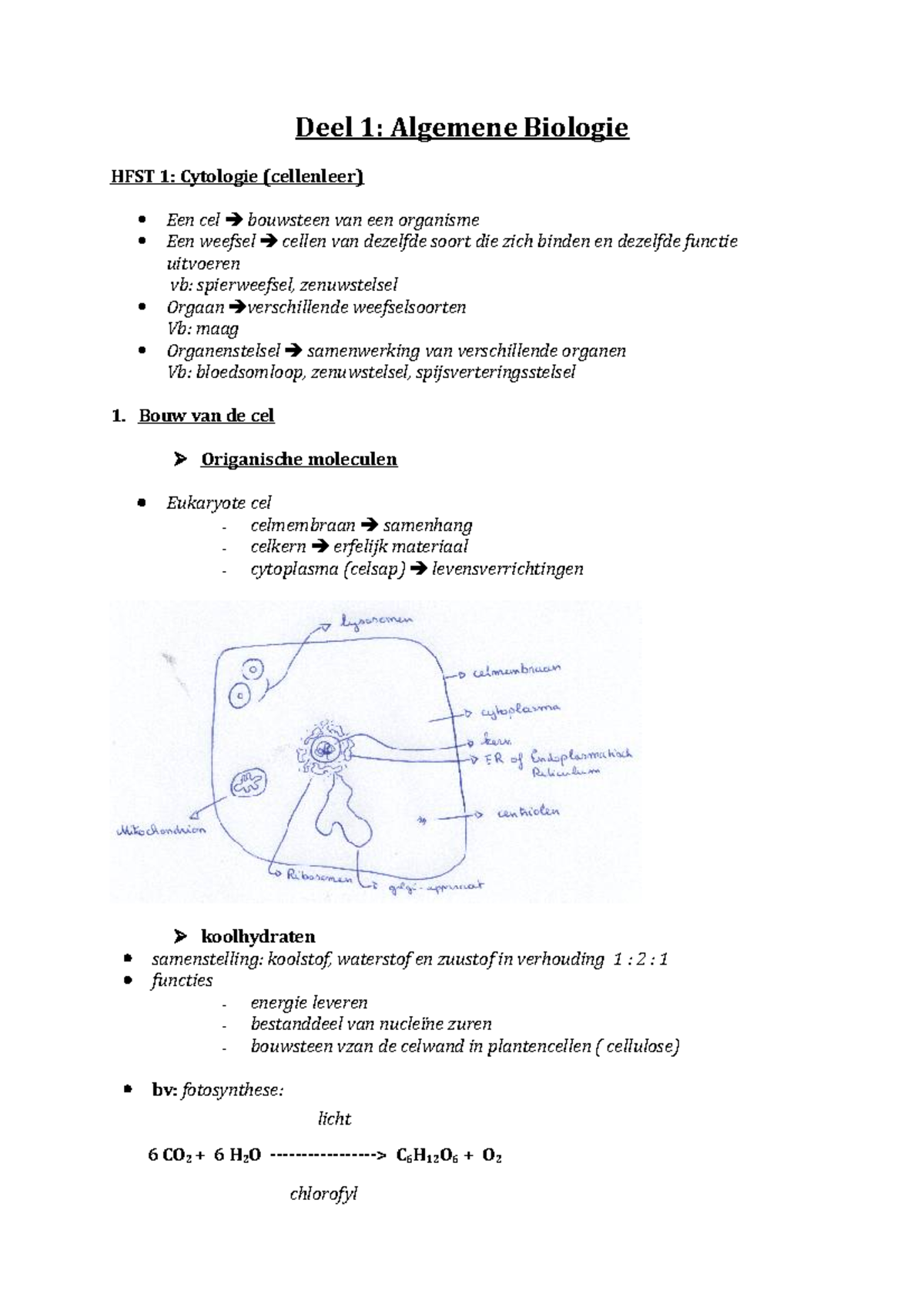 Biologie Samenvatting - Deel 1: Algemene Biologie HFST 1: Cytologie ...