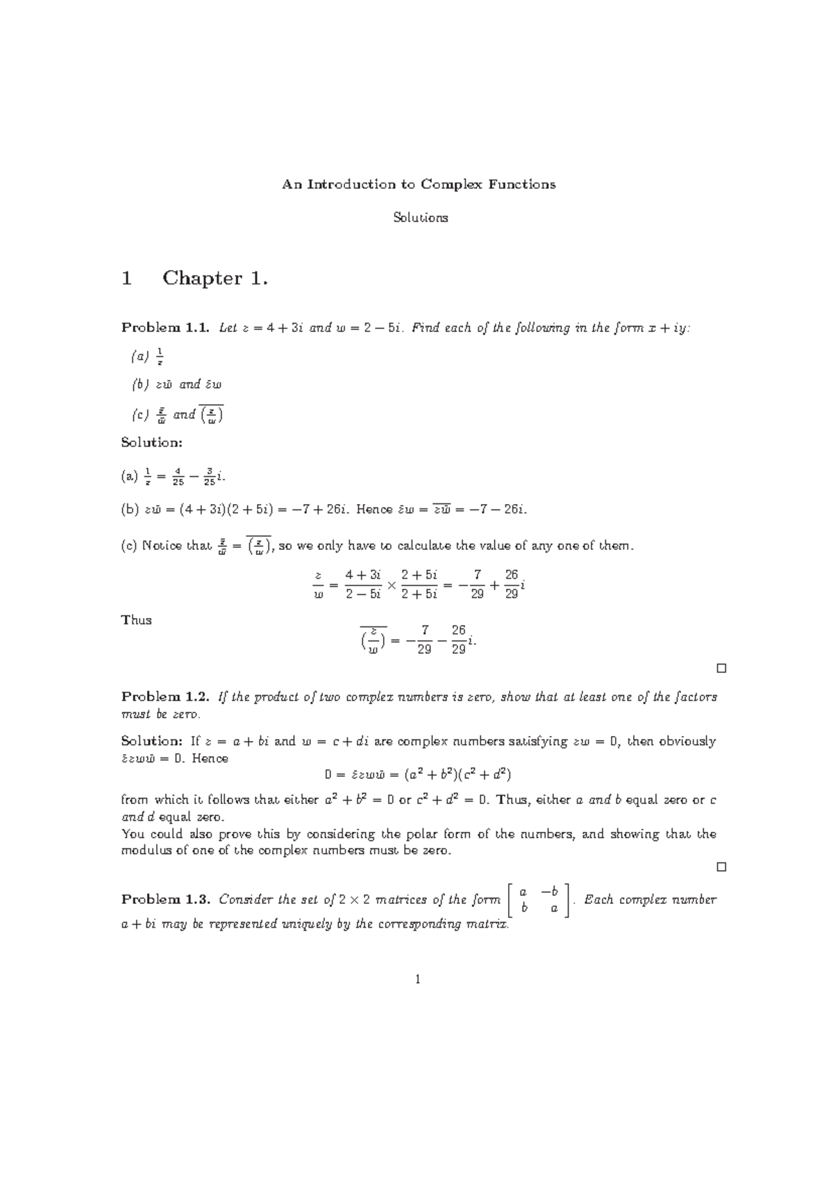 Solutions Section 1 - An Introduction to Complex Functions Solutions 1 ...