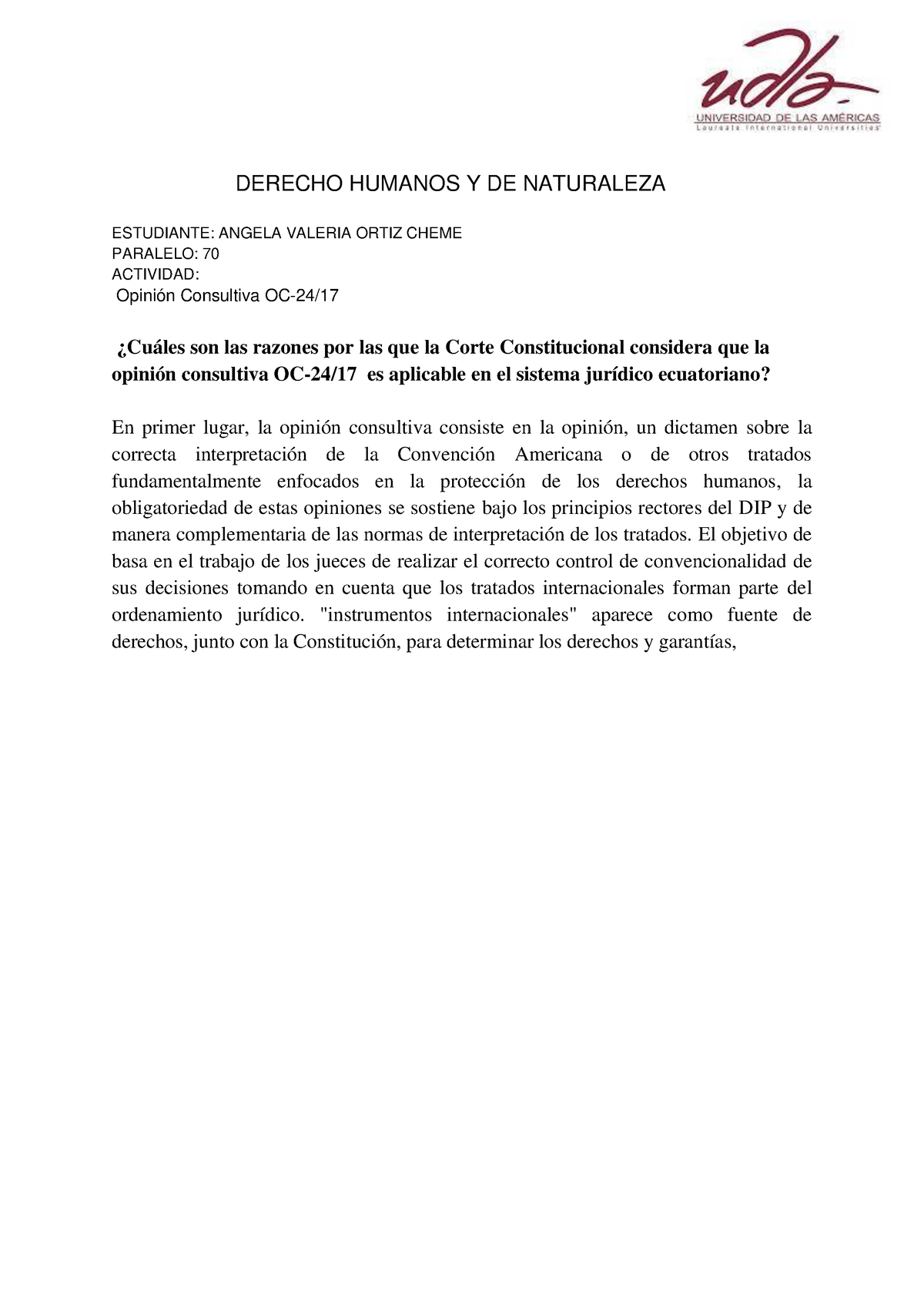 Opinión Consultiva - DERECHO HUMANOS Y DE NATURALEZA ESTUDIANTE: ANGELA ...