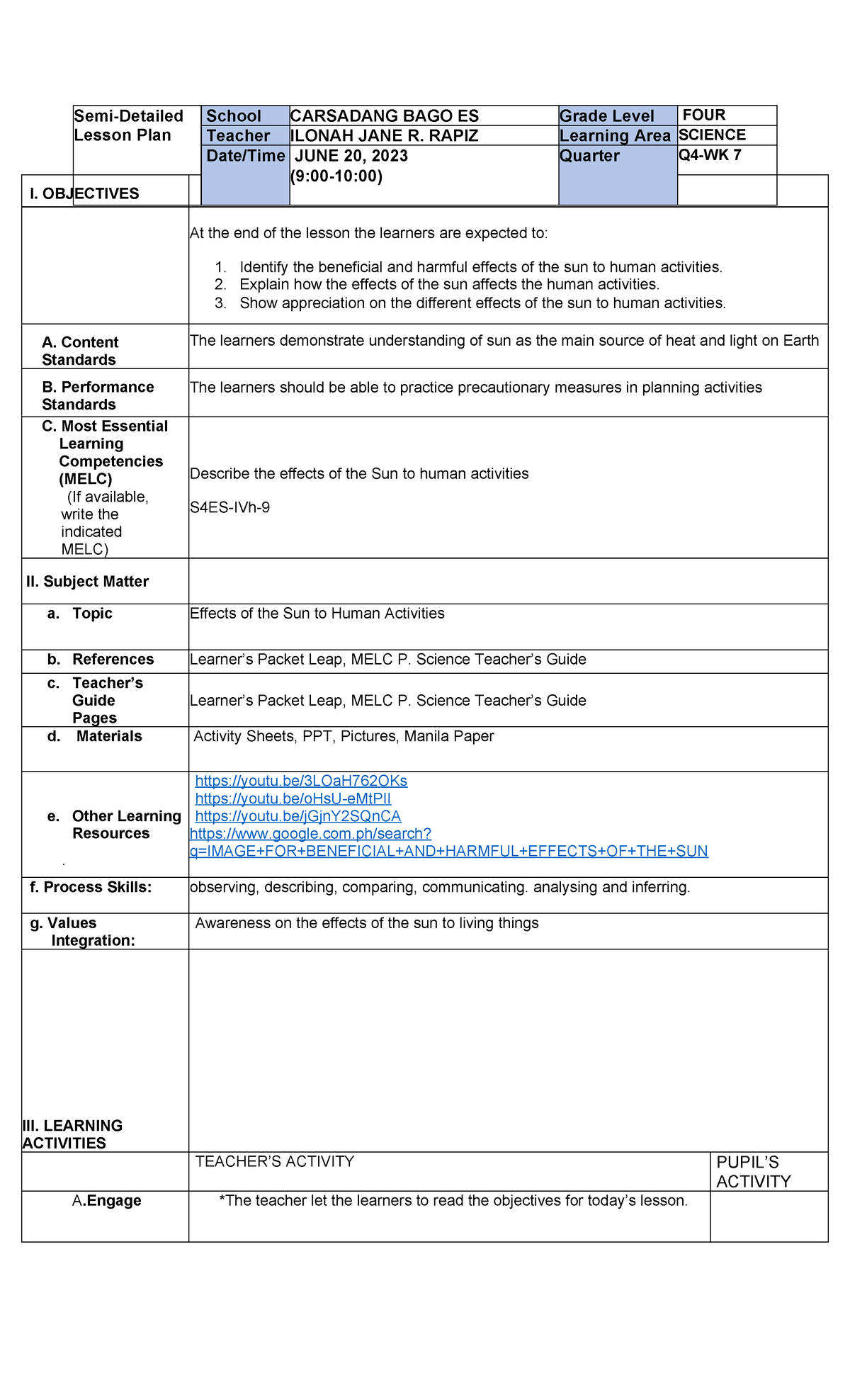 Lesson PLAN FOR Panel Carbag 19June2023 - I. OBJECTIVES At the end of ...