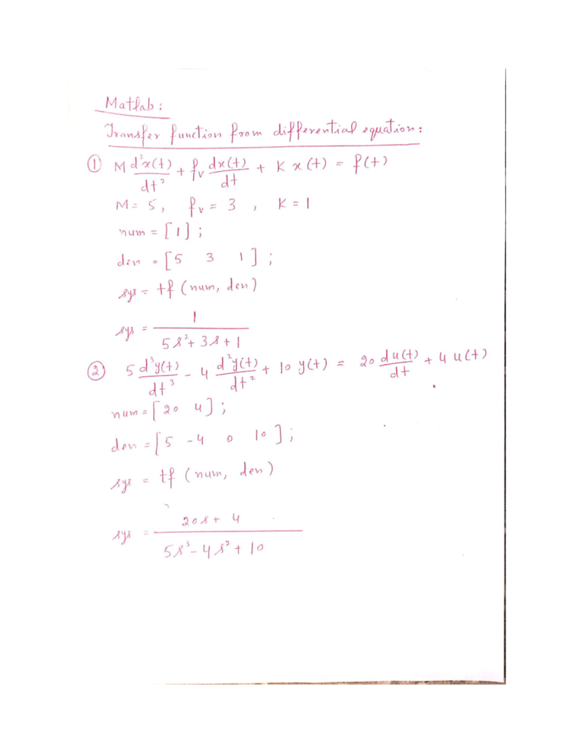 Transfer Functions using Matlab (Lecture 2) - Control systems - Studocu