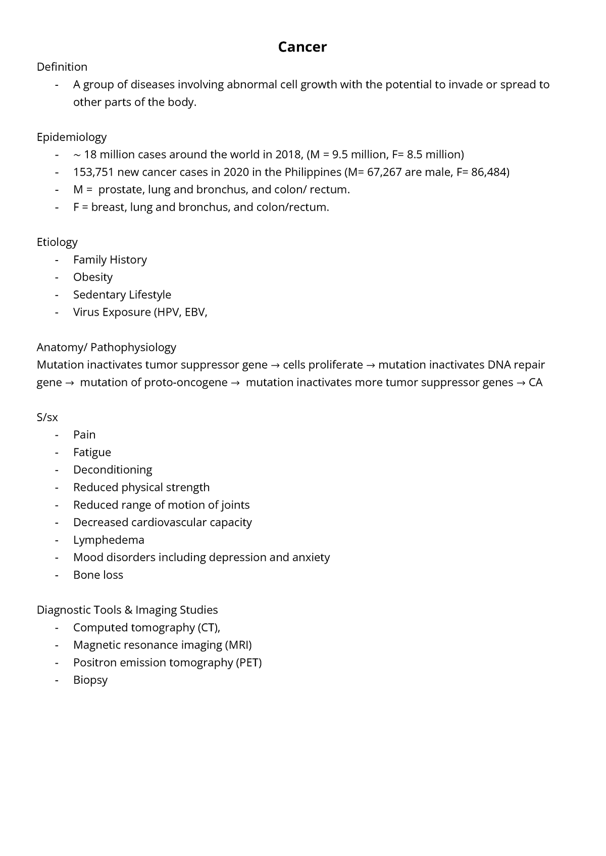 Cancer - Notes for Oral Revalida - Cancer Deünition - A group of ...