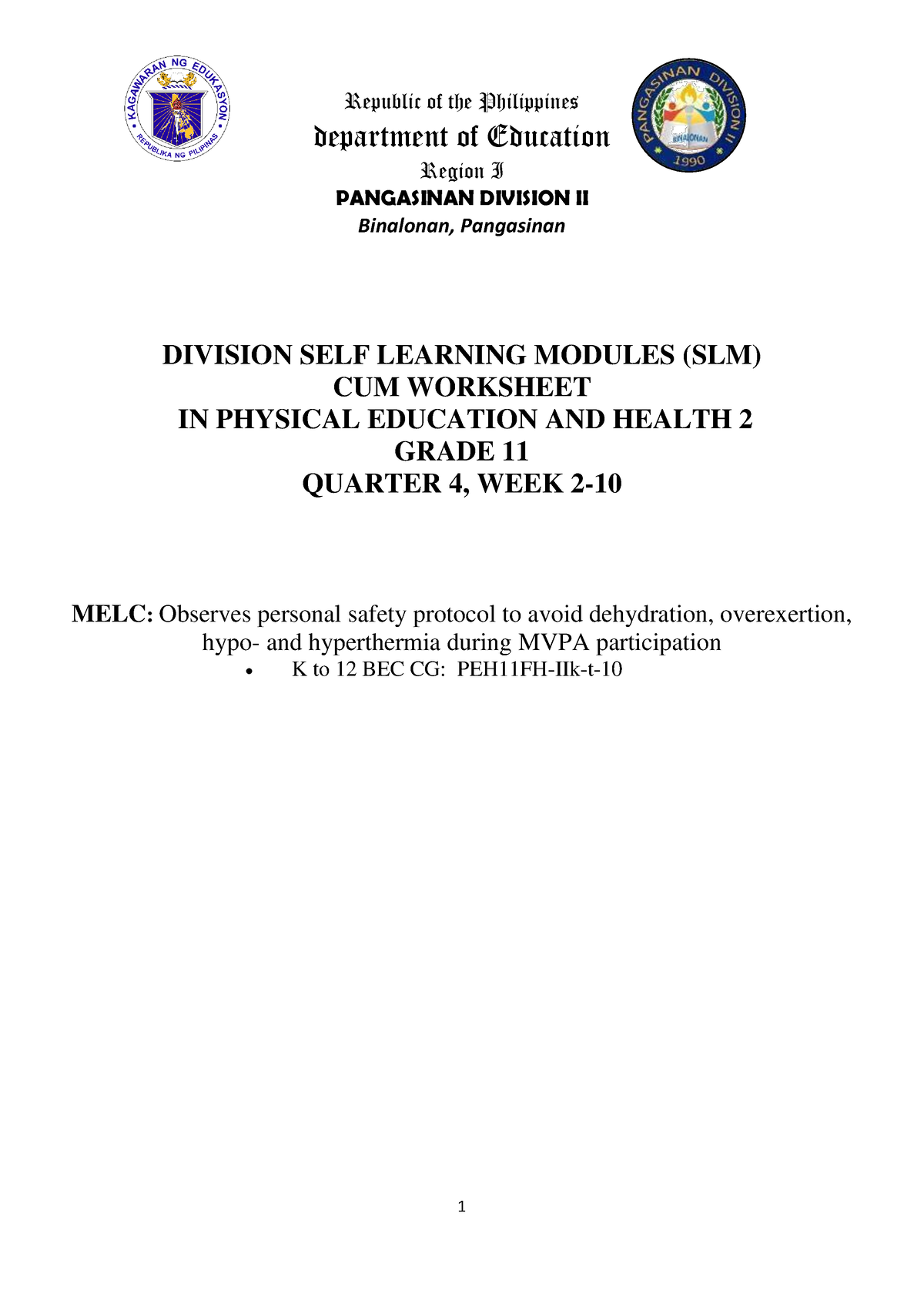 Division Self Learning Modules Peh 2 Melc 5 Division Self Learning Modules Slm Cum Worksheet 0107