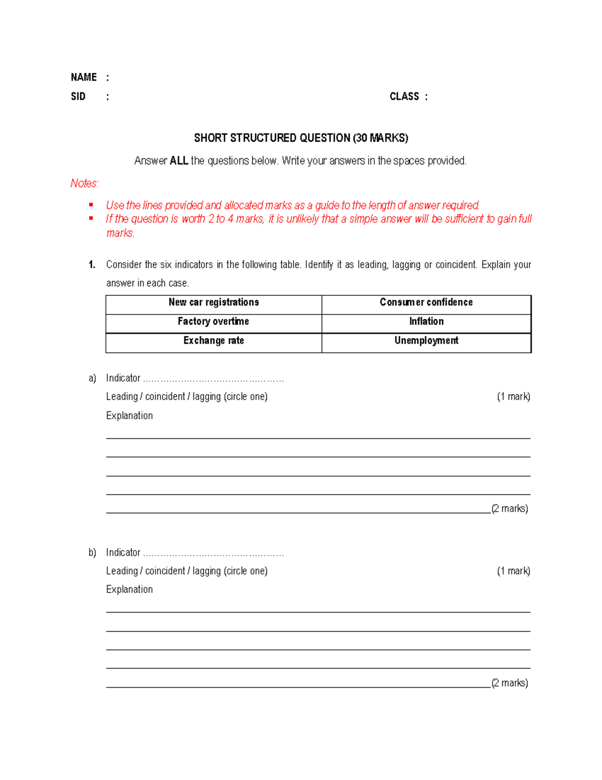 Economics Practice Questions SACE40 Tutorial 5 - NAME : SID : CLASS ...