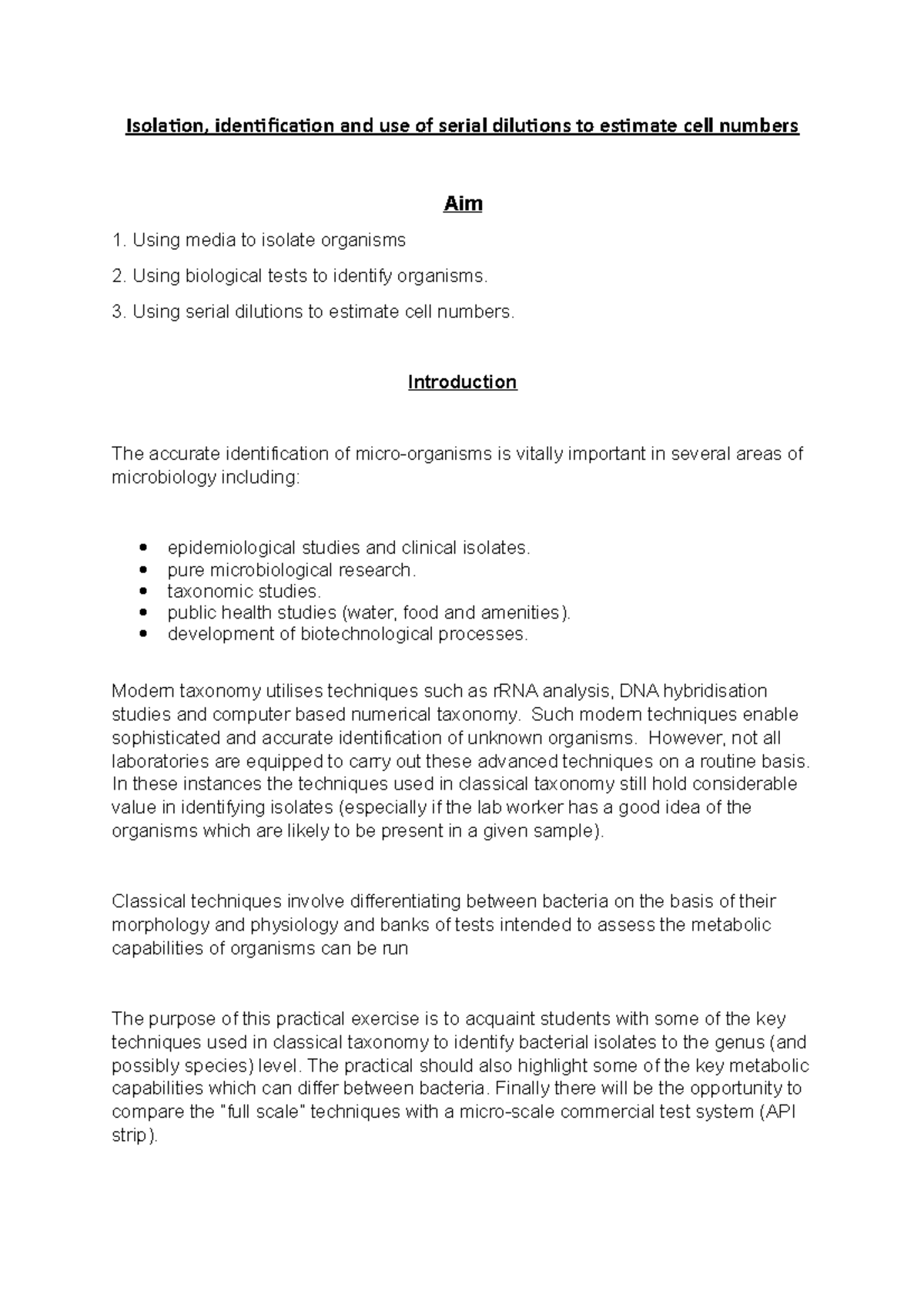 Lab report 1 Isolation, identification and use of serial dilutions to