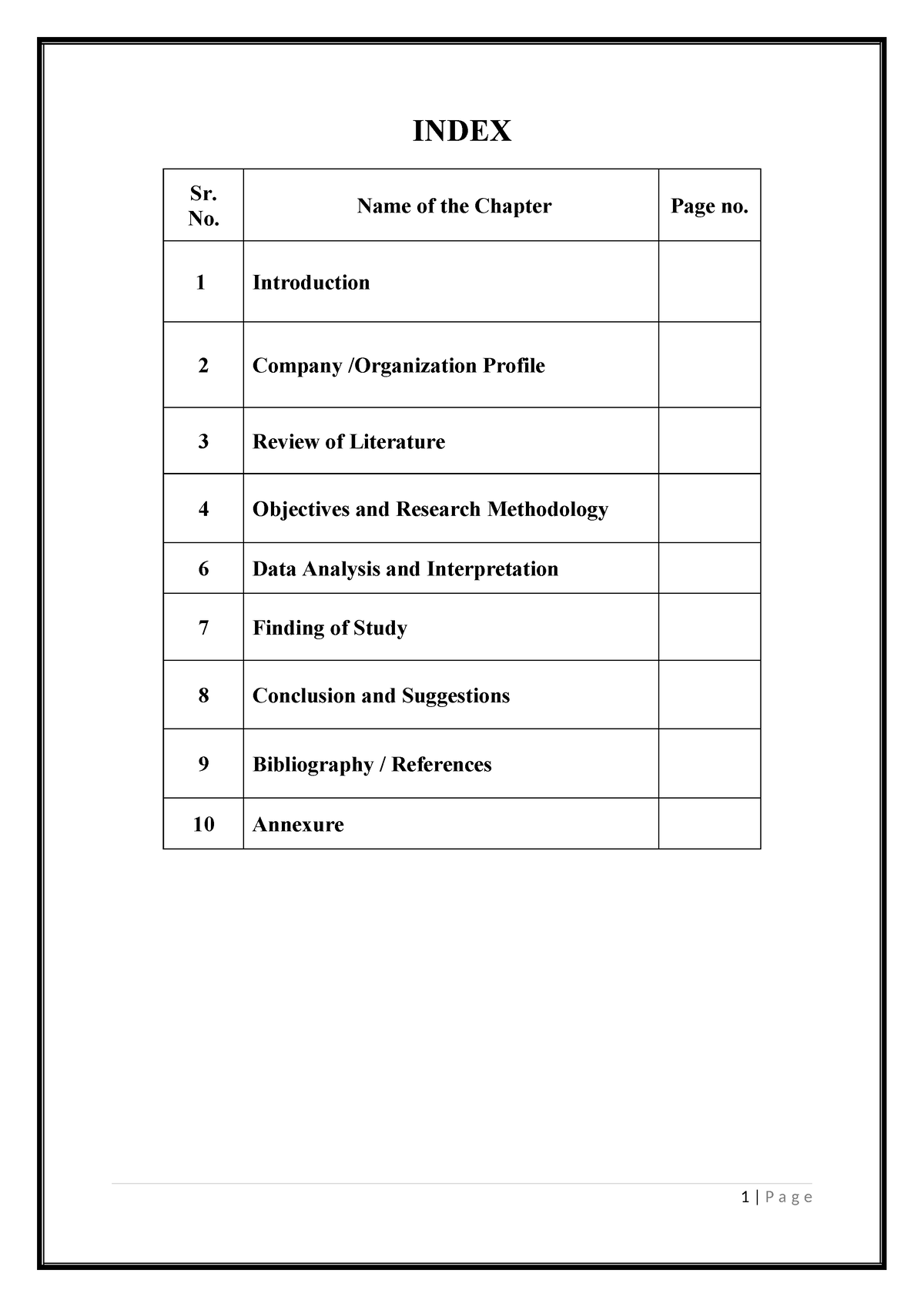 BBA SIP Project Major Contents - INDEX Sr. No. Name of the Chapter Page ...