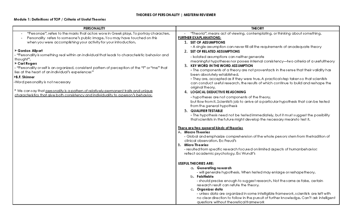 Theories Of Personality Midterms Reviewer - THEORIES OF PERSONALITY ...