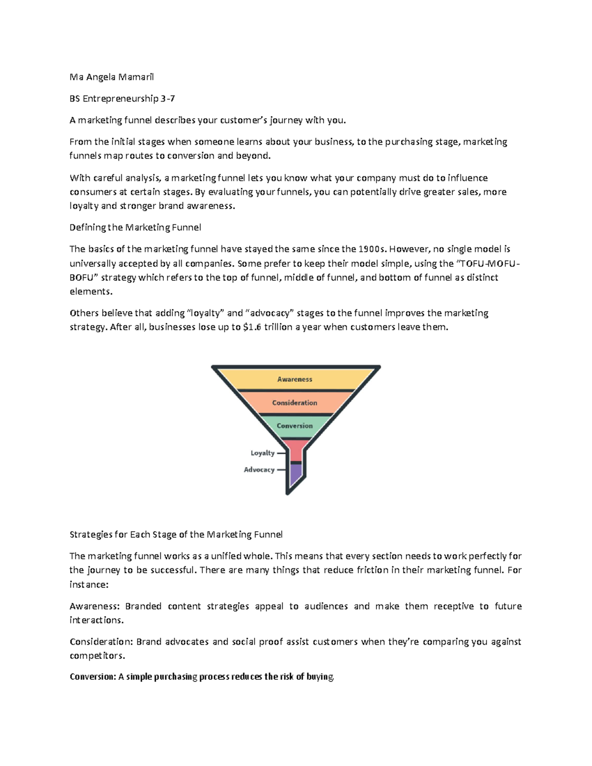 Marketing Funnel - Notes - Ma Angela Mamaril BS Entrepreneurship 3- A ...