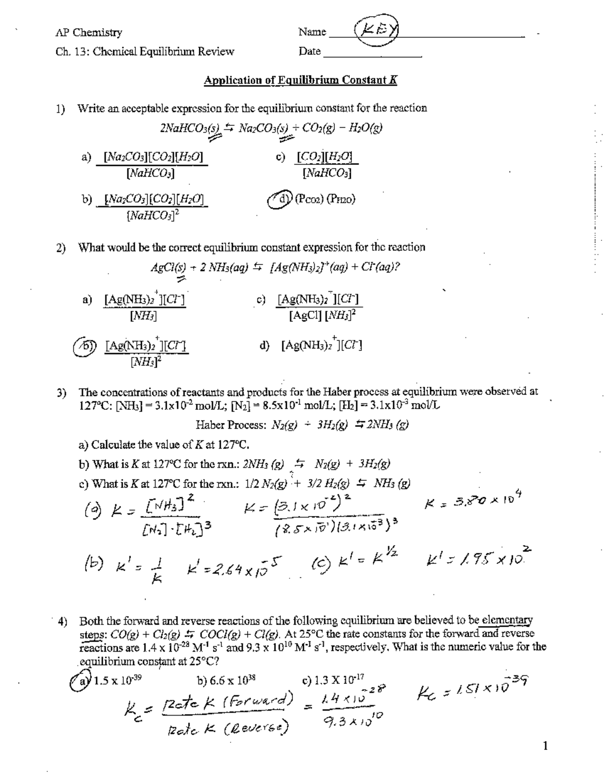 Ch13 Chem Equilibrium Review - Key - chemistry - Studocu