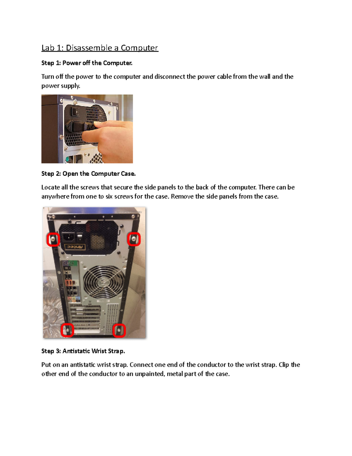 Lab 1 Disassemble a Computer Lab 1 Disassemble a Computer Step 1