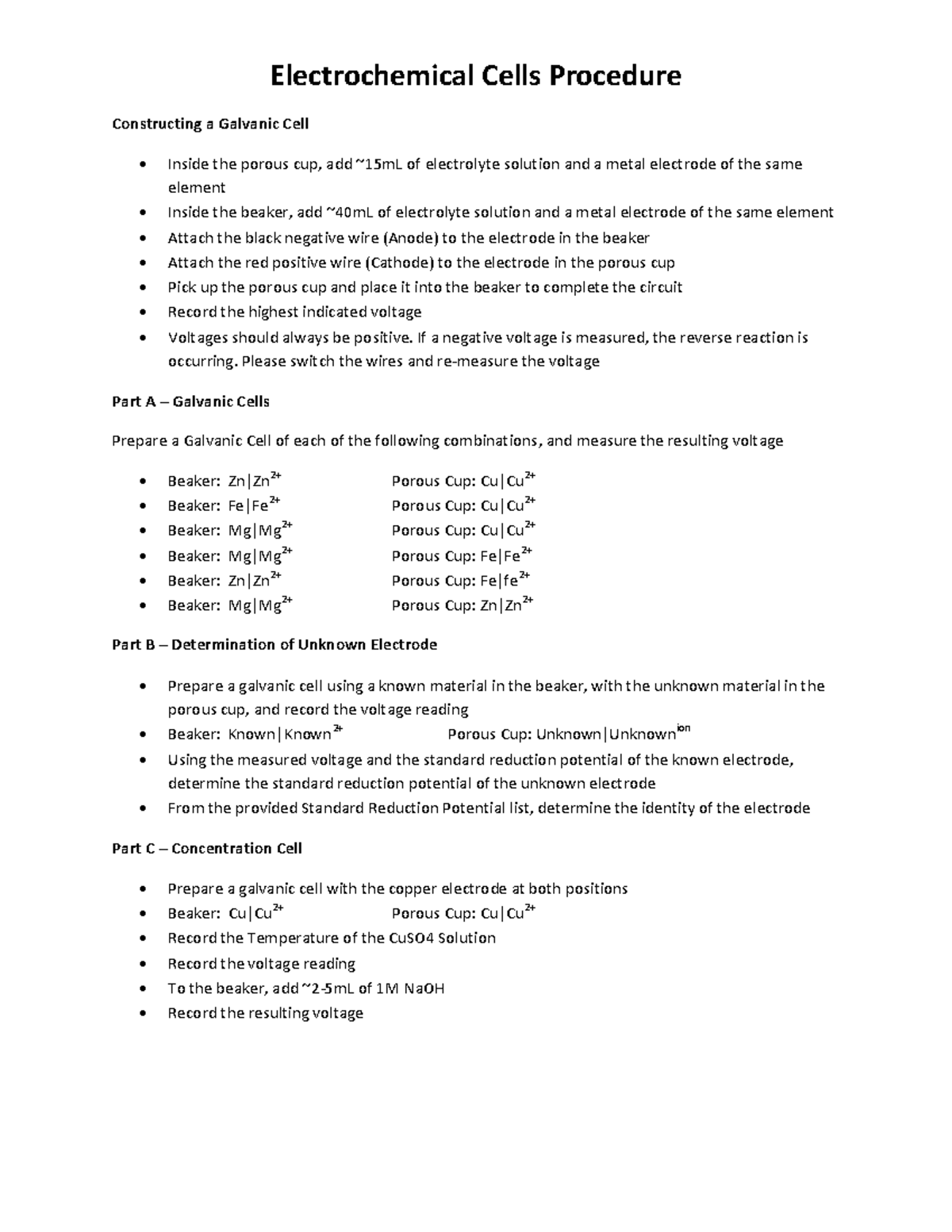Electrochem Procedure In Lab Electrochemical Cells Procedure
