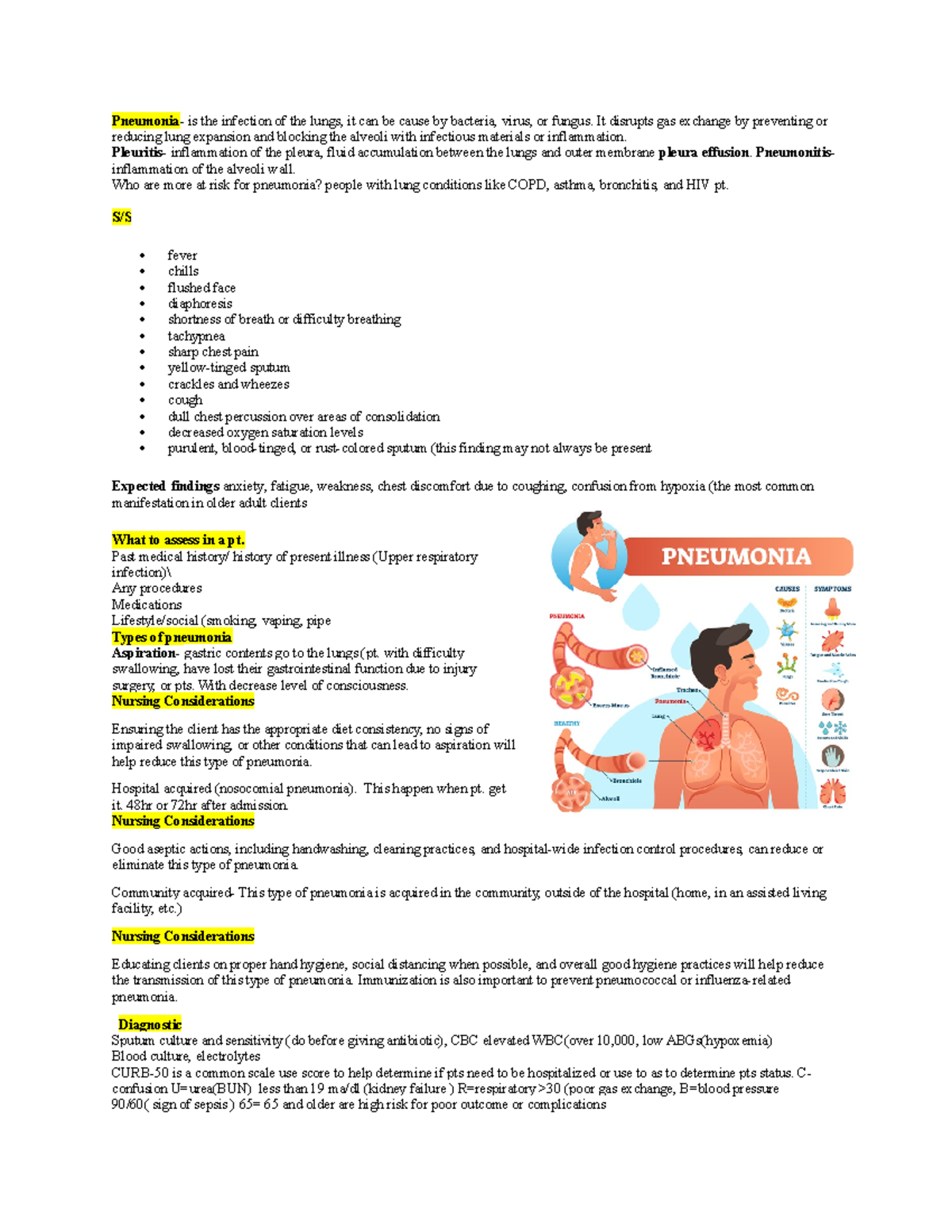 Pneumonia notes - Pneumonia- is the infection of the lungs, it can be ...