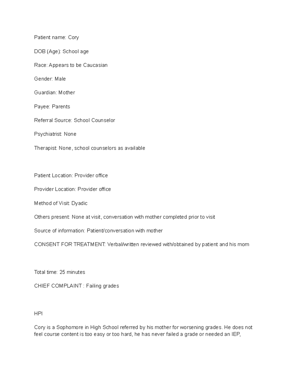 Nu673unit3 - PSYCH - Patient Name: Cory DOB (Age): School Age Race ...