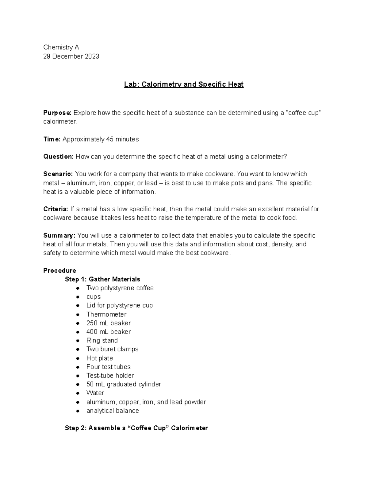 Lab Calorimetry and Specific Heat Chemistry A 29 December 2023 Lab