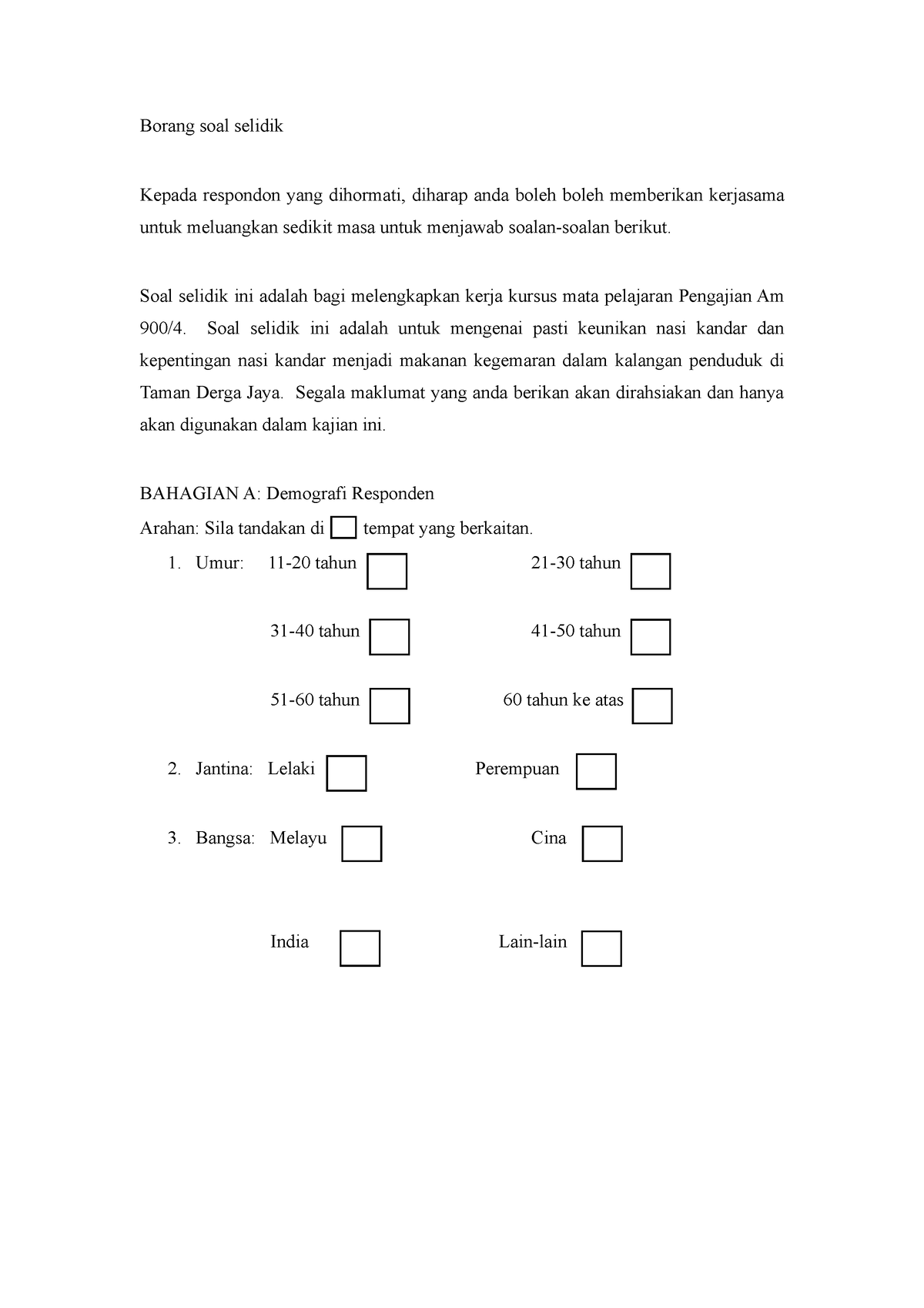 Pa Borang soal selidik  Borang soal selidik Kepada respondon yang